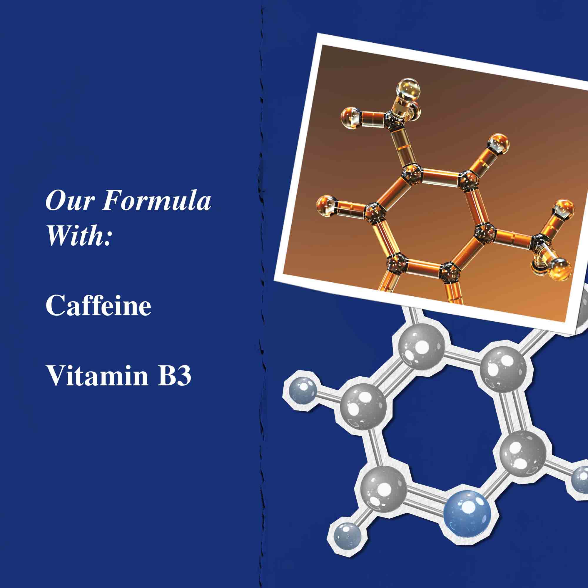 Grafica degli ingredienti chiave che evidenzia caffeina e vitamina B3.