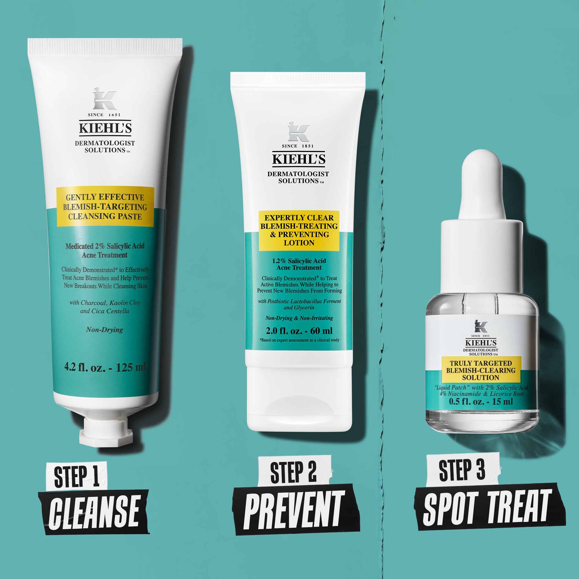 Routine per le imperfezioni Passaggio 1 Detergere, Passaggio 2 Prevenire, Passaggio 3 Trattamento spot
