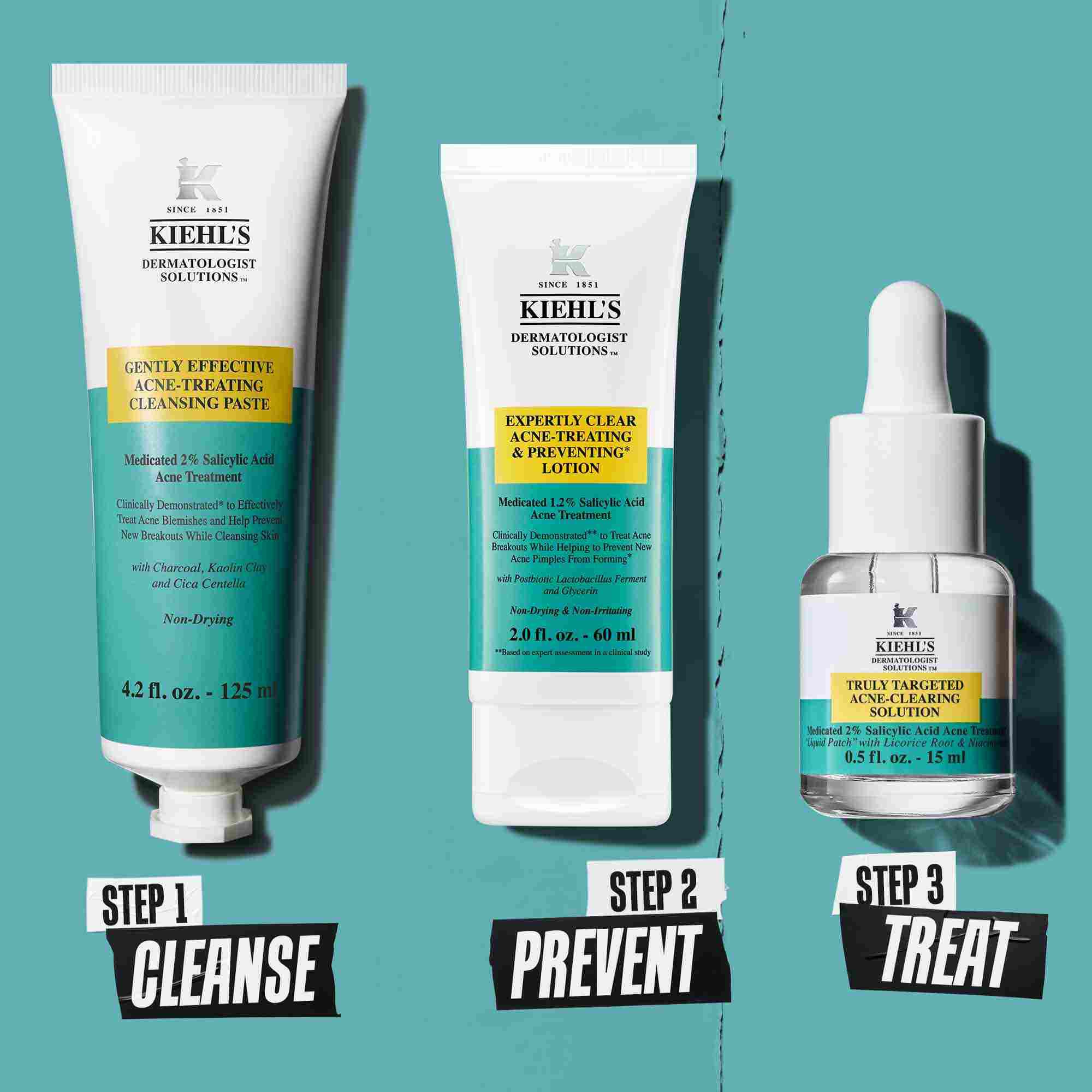 Una routine in tre passaggi per eliminare le imperfezioni con i prodotti Kiehl's. Fase 1: Pasta detergente per il trattamento delle imperfezioni. Fase 2: Lozione per il trattamento e la prevenzione delle imperfezioni. Fase 3: Truly-Targeted Blemish-Clearing Solution.
