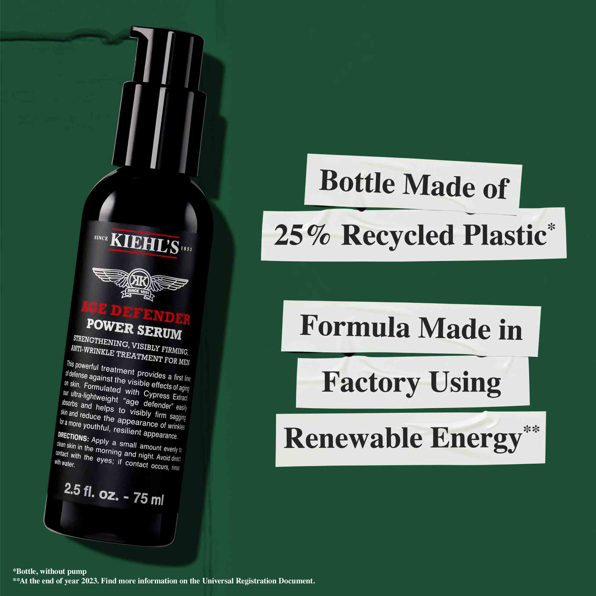 Flacone di Age Defender Power Serum realizzato con il 25% di plastica riciclata; formula prodotta in uno stabilimento che utilizza energia rinnovabile.