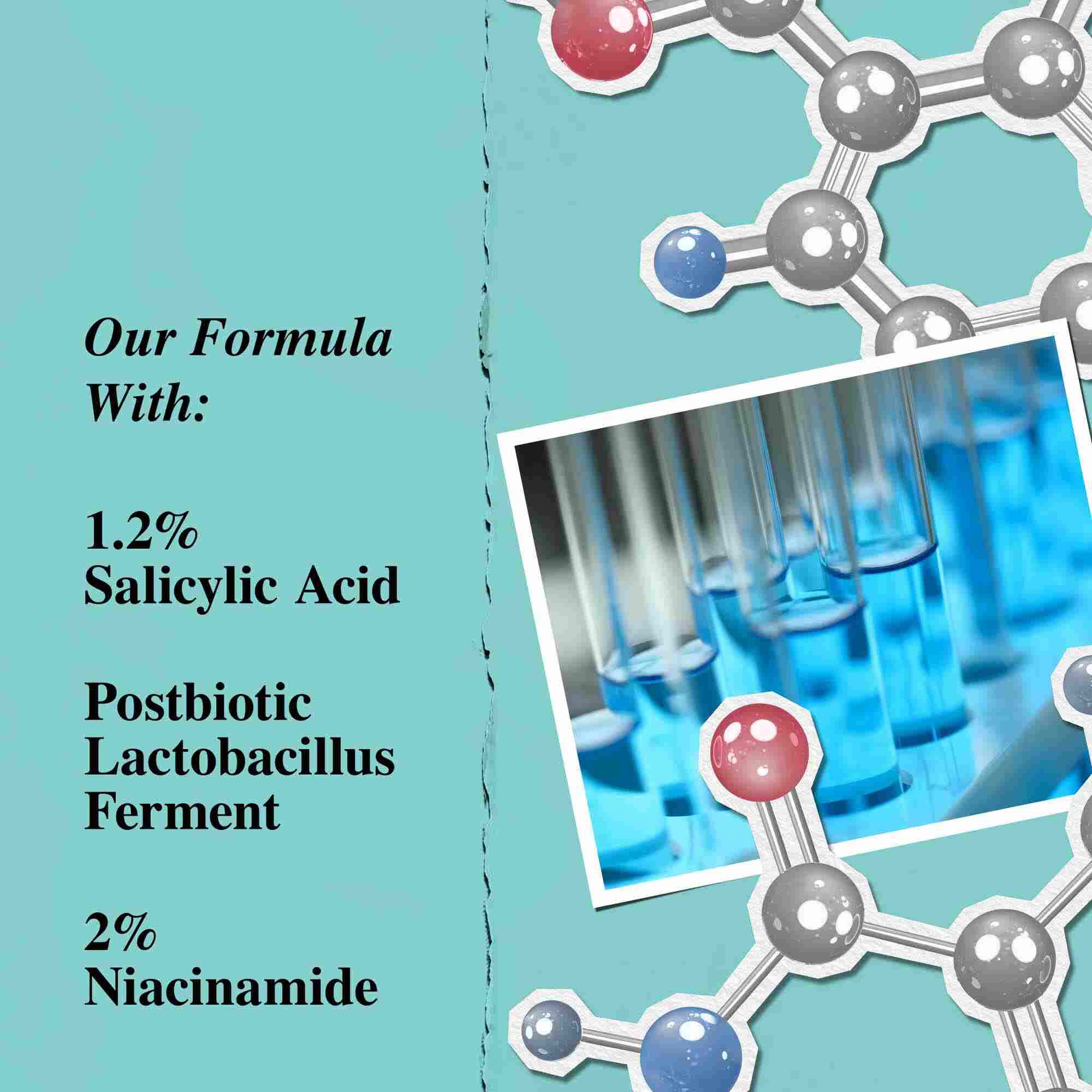 Una grafica che evidenzia gli ingredienti chiave di Expertly Clear Blemish-Treating & Preventing Lotion, inclusi acido salicilico, fermento postbiotico di Lactobacillus e niacinamide.