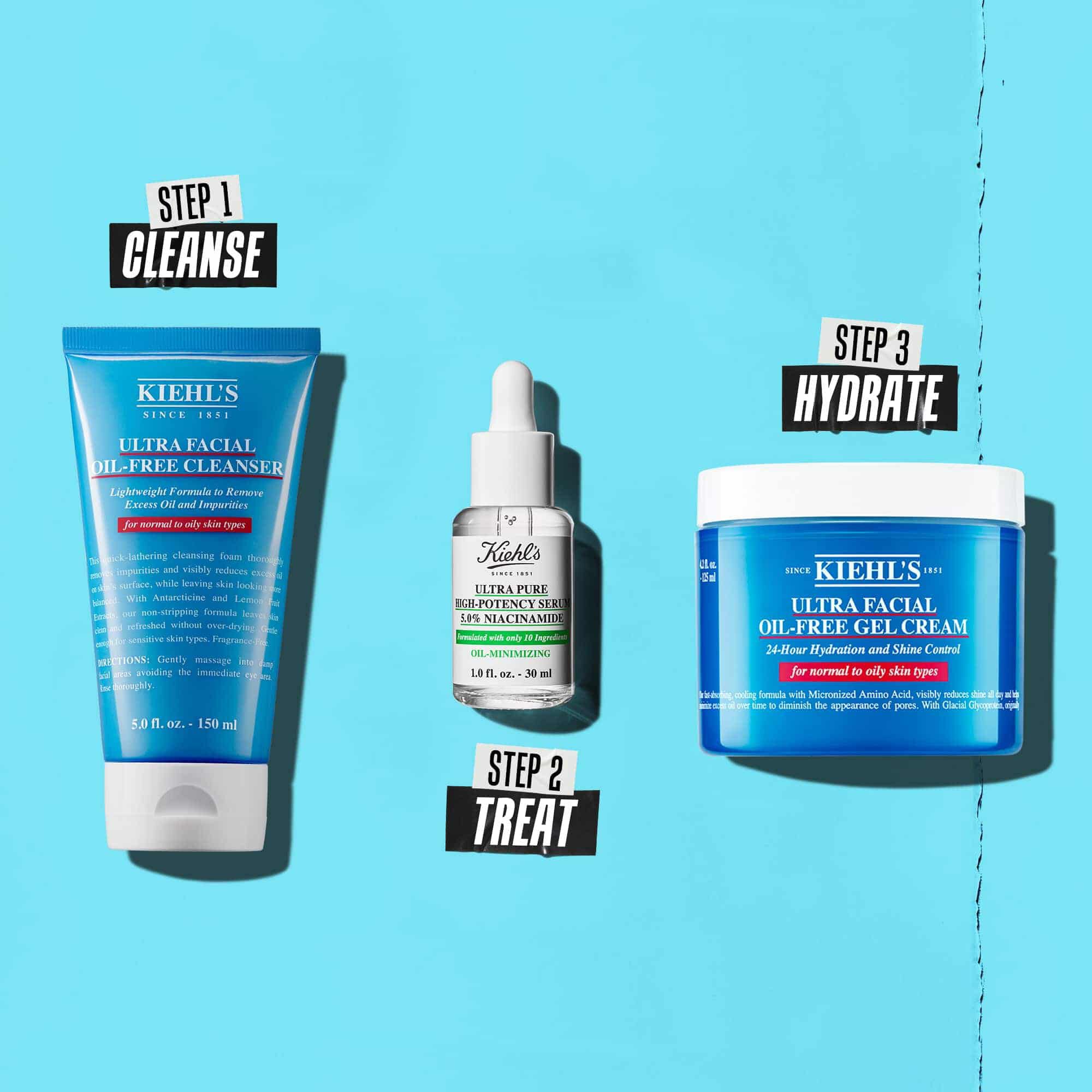 Una routine in tre fasi con prodotti Kiehl's. Fase 1: Ultra Facial Oil-Free Cleanser. Fase 2: Siero alla Niacinamide. Fase 3: Ultra Facial Oil-Free Gel Cream.