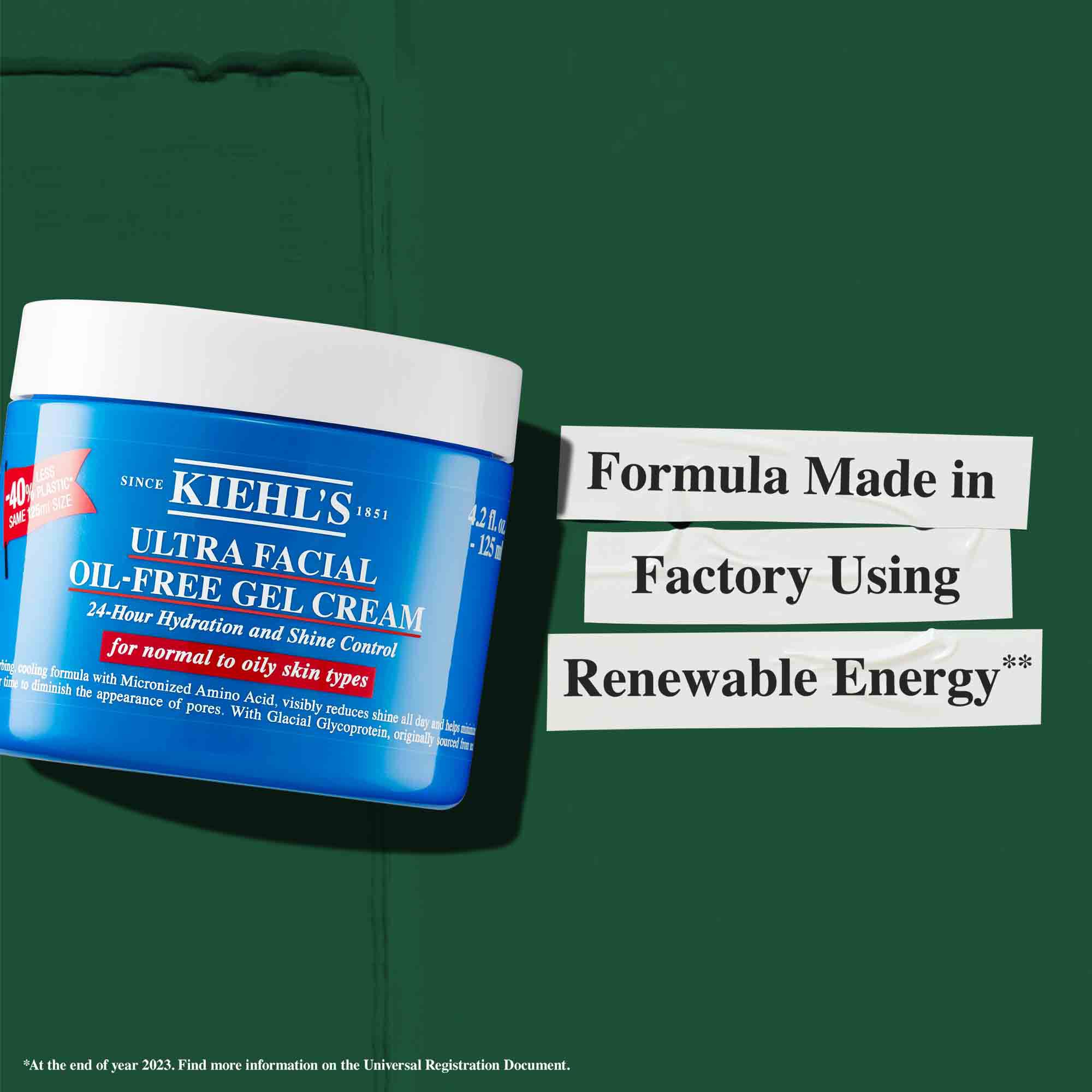 Un vasetto di Ultra Facial Oil-Free Gel Cream con testo "Formula prodotta in uno stabilimento che utilizza energia rinnovabile."