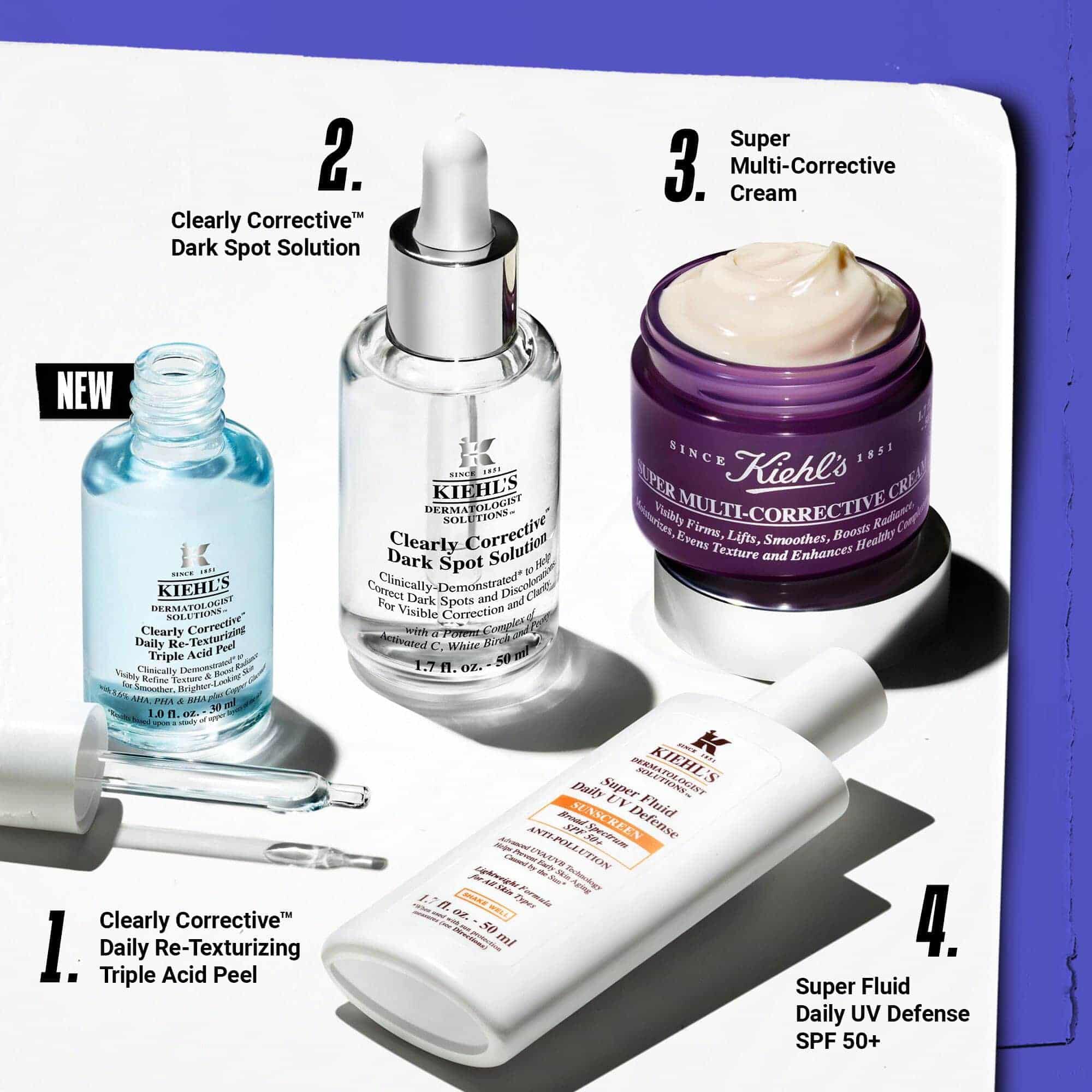 Routine di cura della pelle in quattro passaggi con Clearly Corrective Dark Spot Solution.