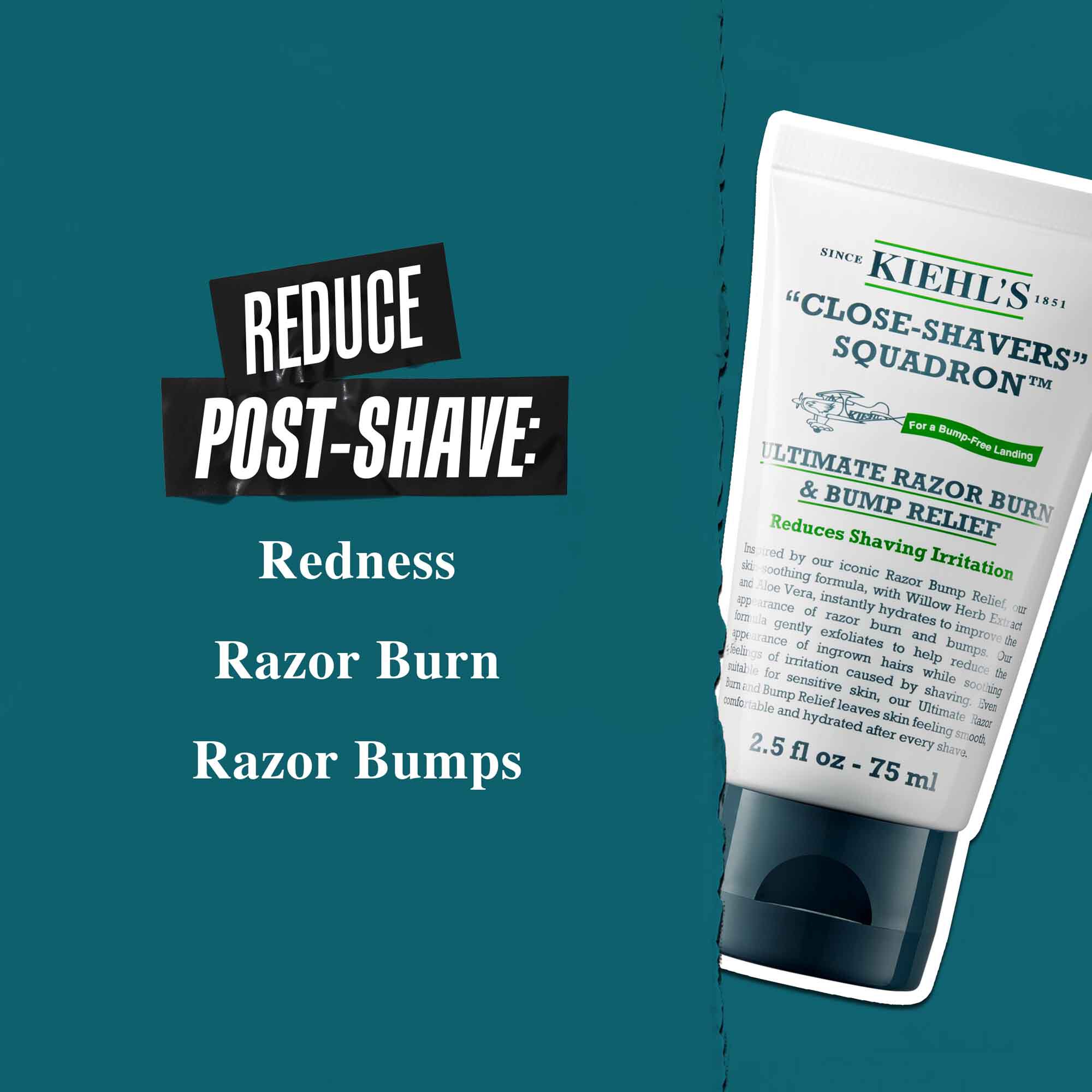 Tubetto di Close Shavers Squadron Smooth Glider Precision Shave Lotion su sfondo verde acqua. Il testo recita: "Riduce il rossore post-rasatura, le irritazioni da rasoio e i peli incarniti."