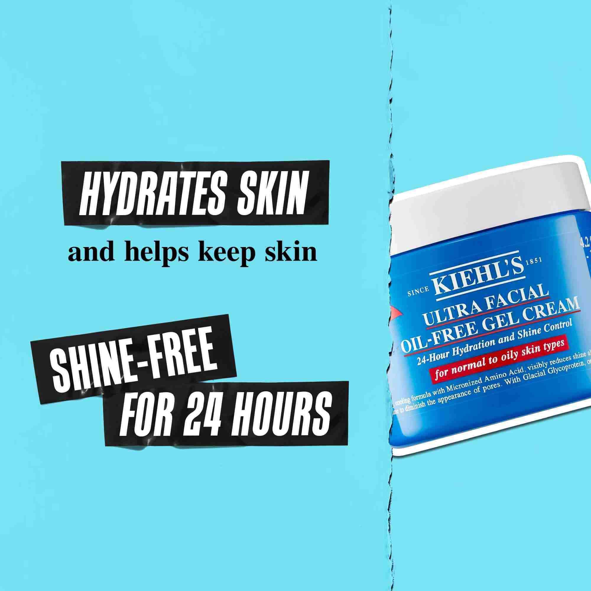 Un vasetto di Ultra Facial Oil-Free Gel Cream su sfondo blu con testo che recita: "Idrata la pelle e aiuta a mantenerla senza lucidita per 24 ore."