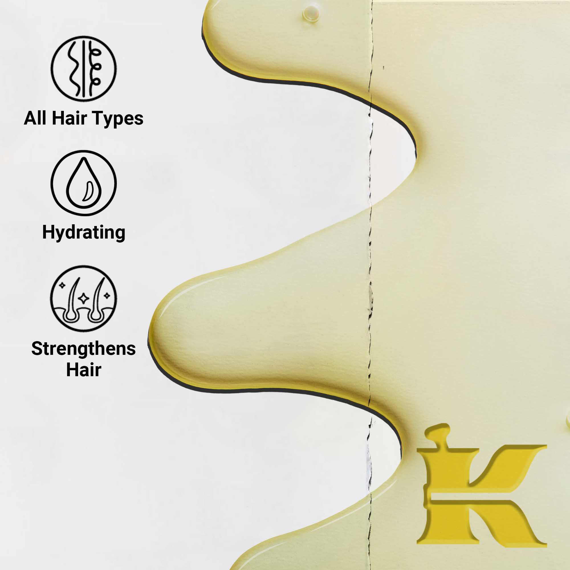 Primo piano della texture di Magic Elixir Hair Oil. Il testo sottolinea che e idratante, leggero e progettato per migliorare la struttura dei capelli per tutti i tipi di capelli.