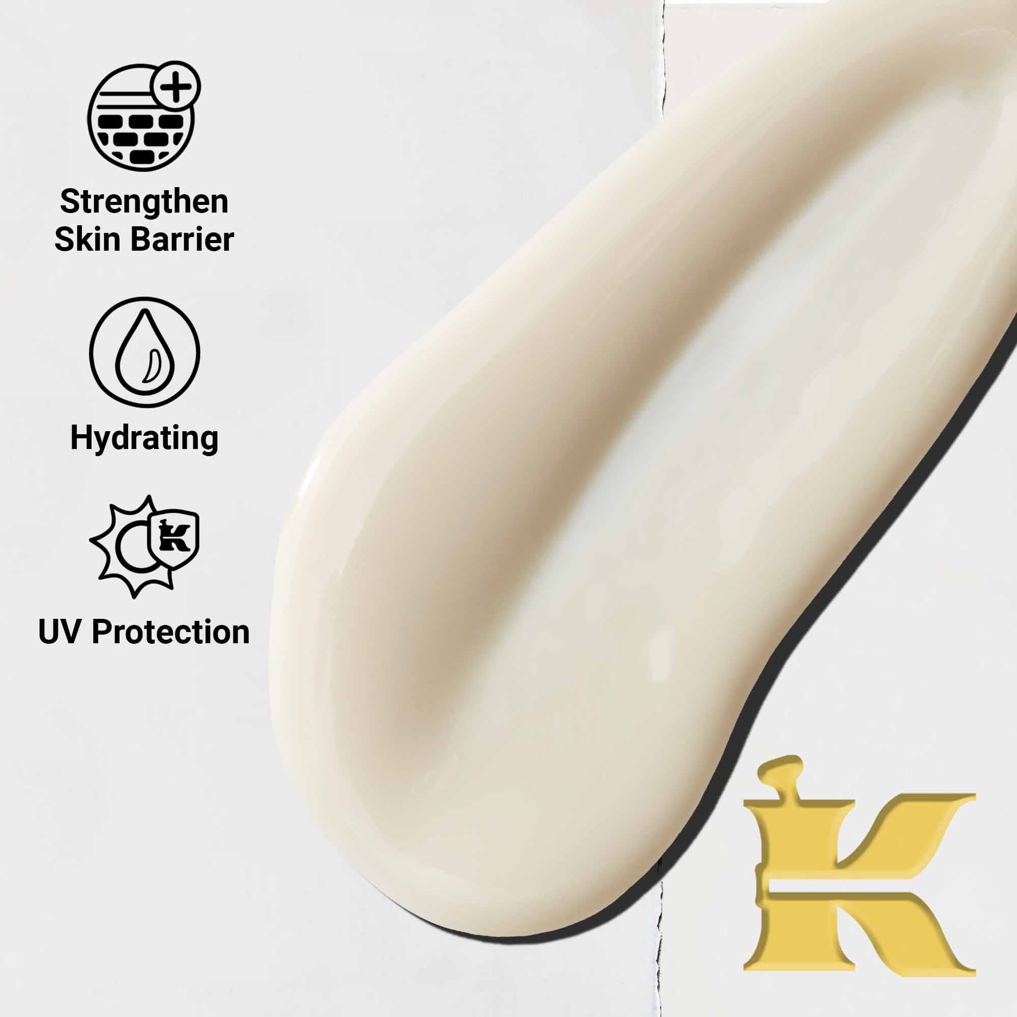 Primo piano della texture di Ultra-Light Daily UV Defense. Il testo evidenzia la sua protezione UV leggera, idratante e ad ampio spettro.