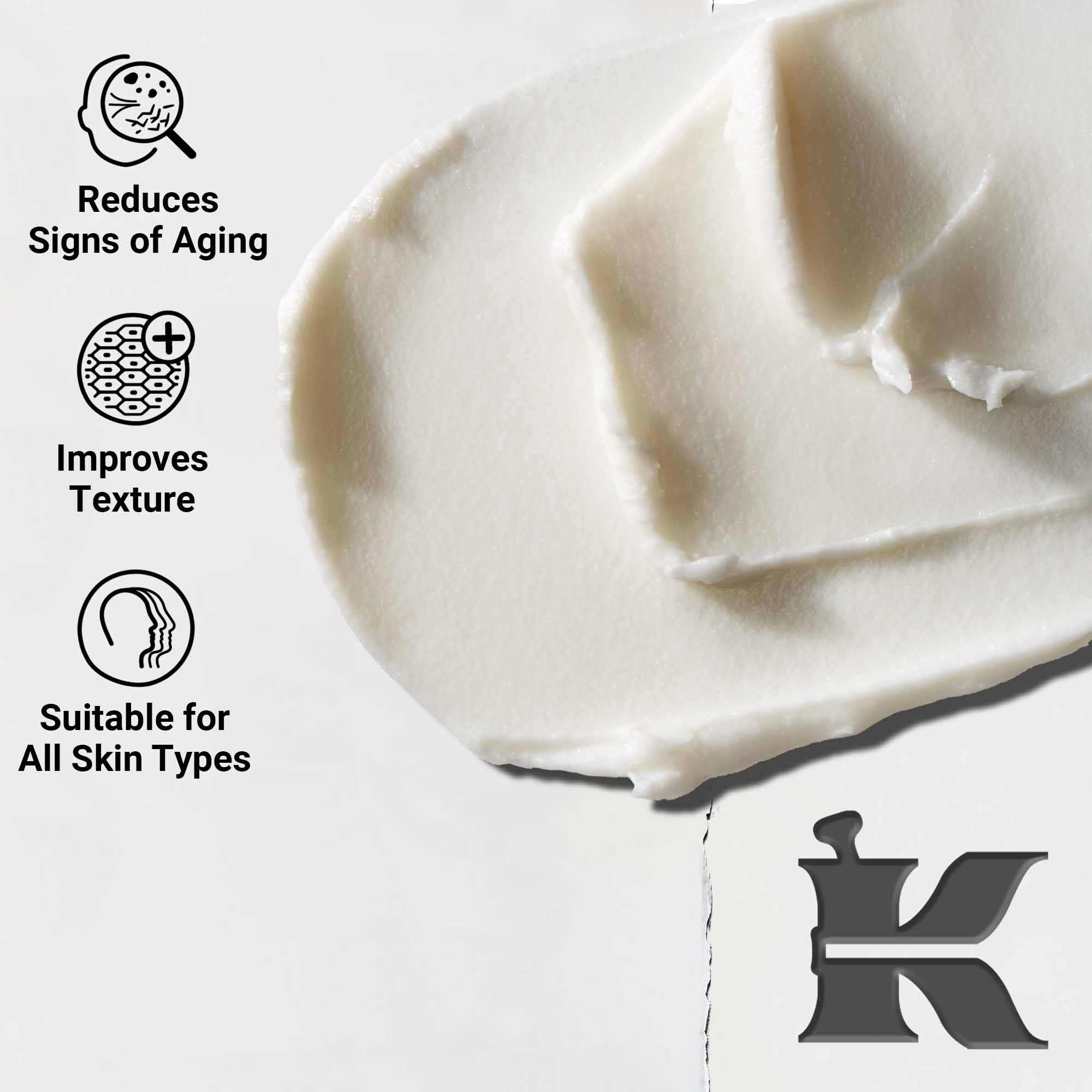 Primo piano della texture di Age Defender Eye Repair; riduce i segni dell'invecchiamento e migliora la grana della pelle, adatto a tutti i tipi di pelle.