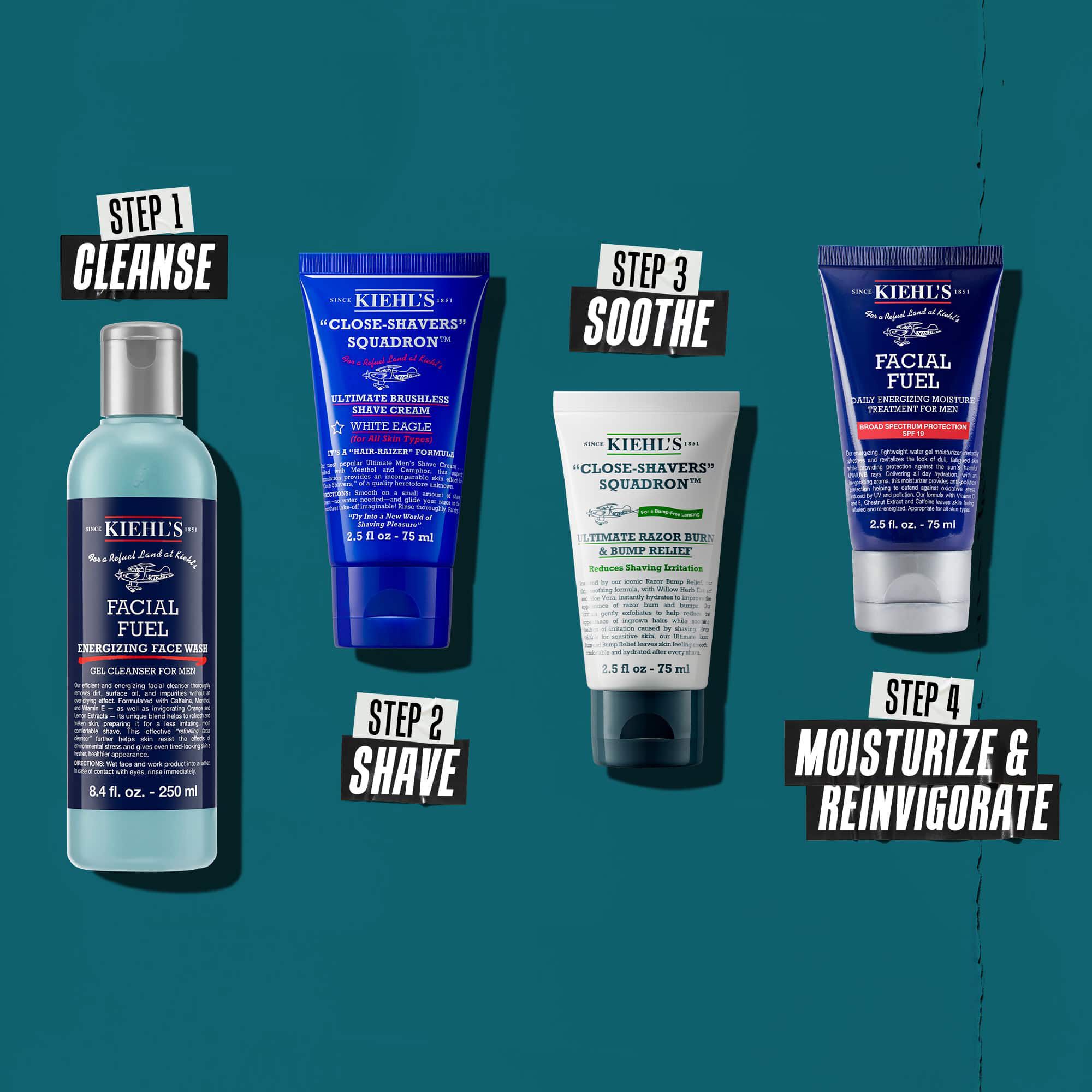 Quattro prodotti Kiehl’s per una routine di cura della pelle maschile: Detergere, Radere, Lenire e Idratare/Rinvigorire