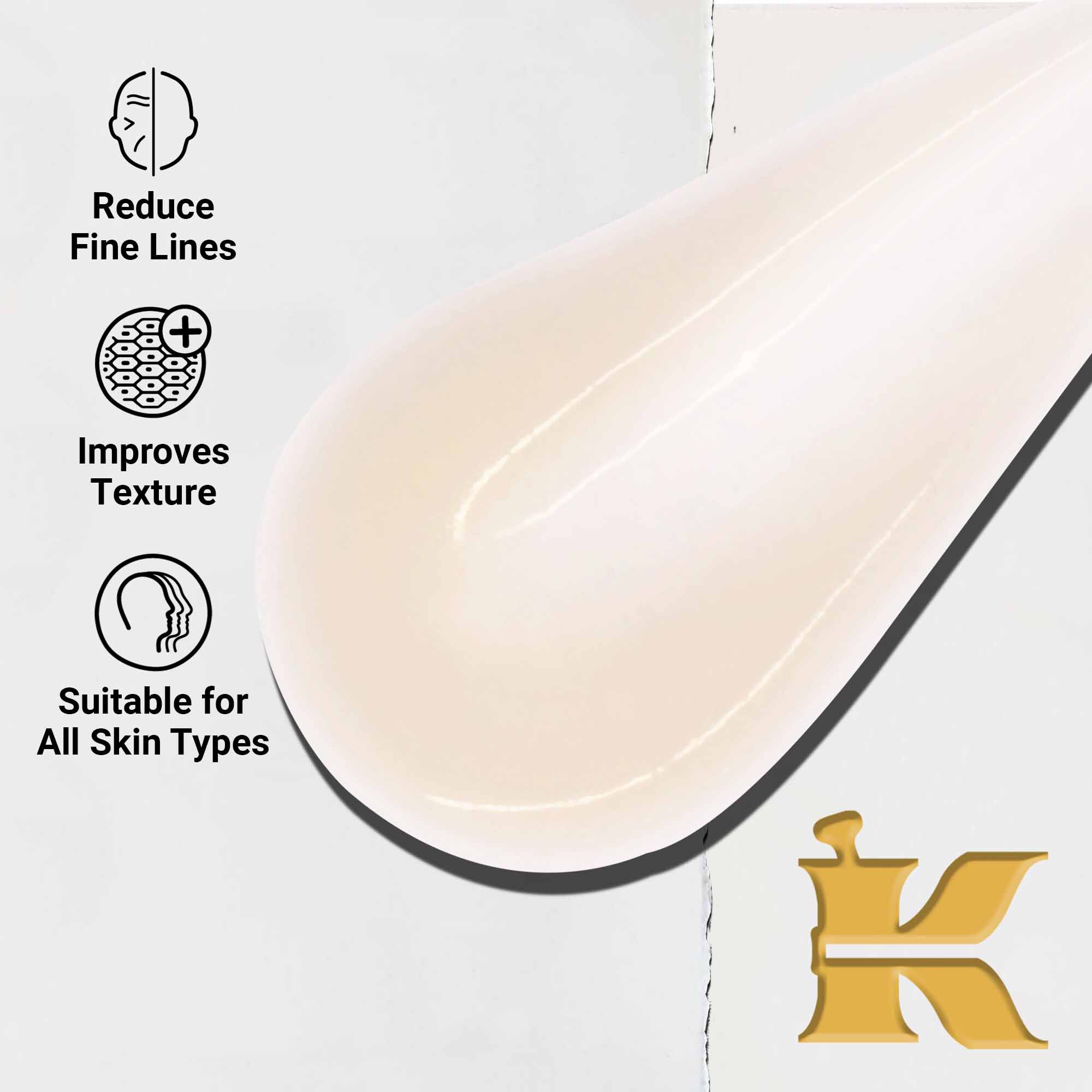 Primo piano della texture di Powerful-Strength Line-Reducing Concentrate. Il testo evidenzia la sua capacita di ridurre le linee sottili, migliorare la texture e la sua idoneita per tutti i tipi di pelle.