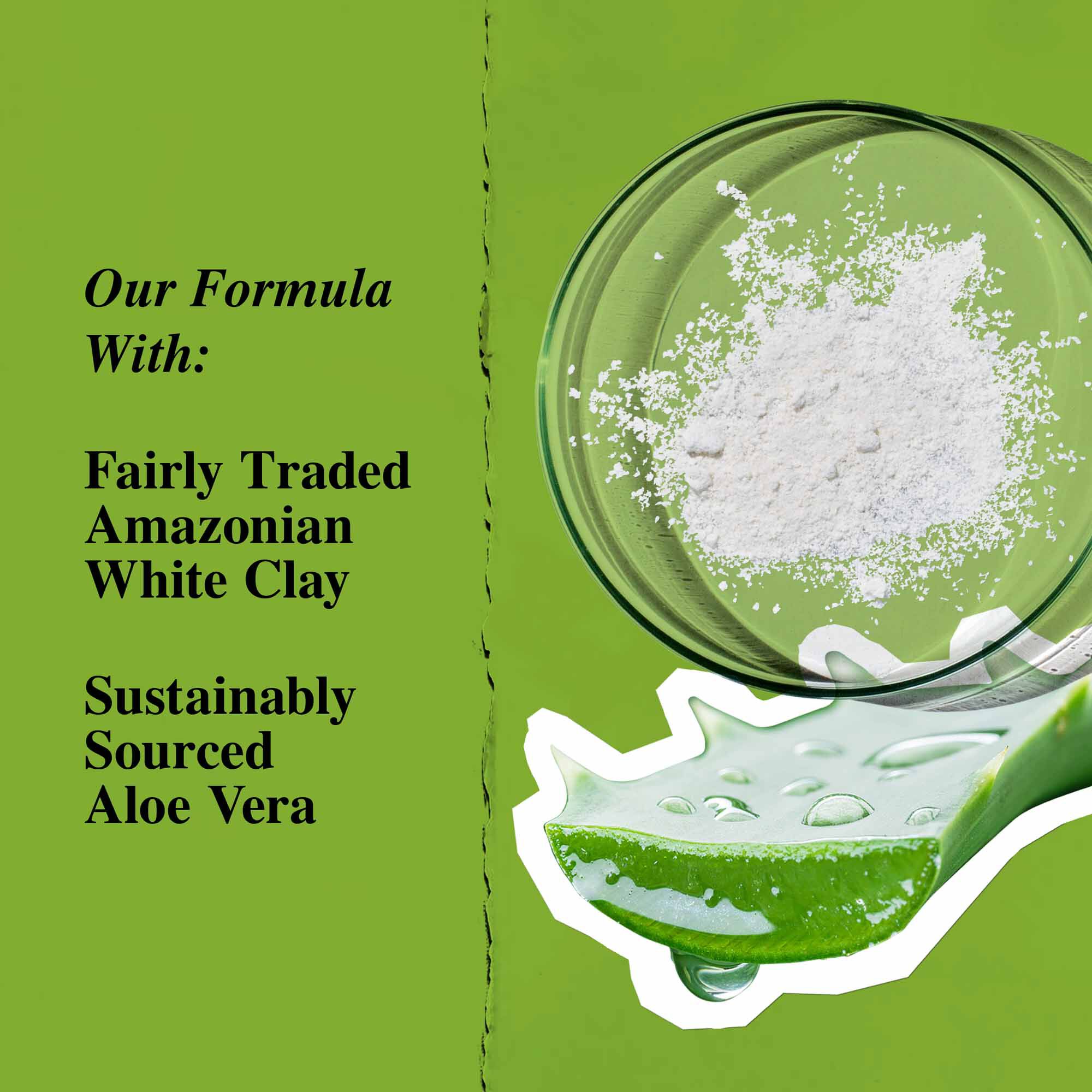 Grafica degli ingredienti chiave che evidenzia argilla bianca e aloe vera.