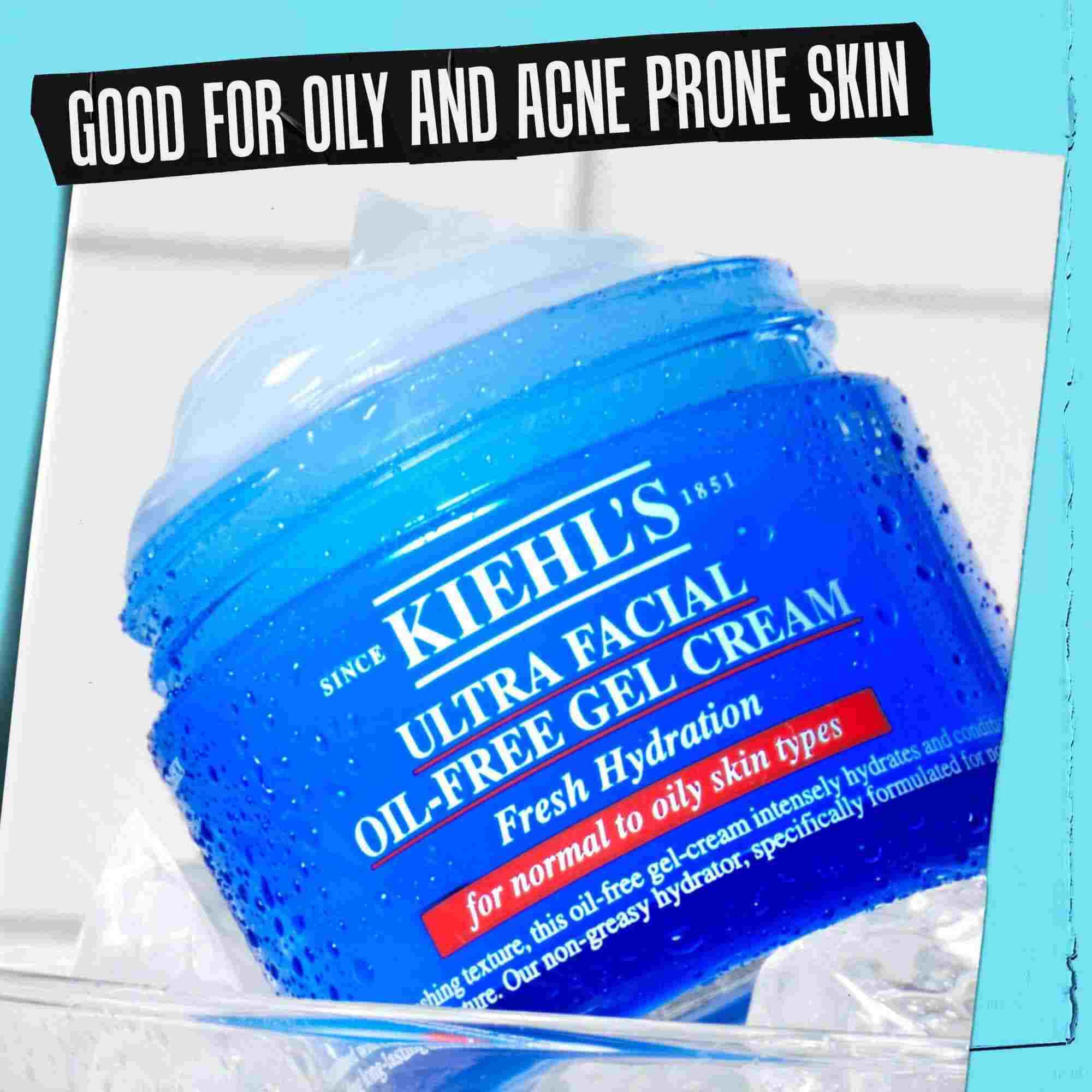 Un vasetto di Ultra Facial Oil-Free Gel Cream etichettato "Buono per pelli grasse e a tendenza acneica."