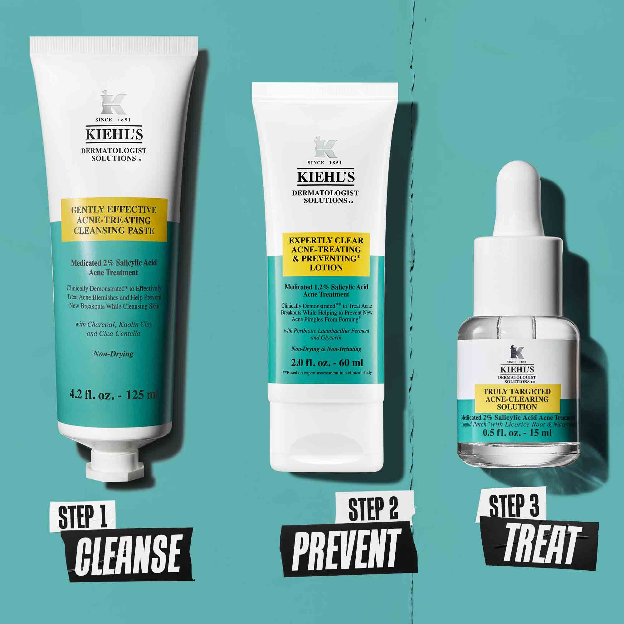 Una routine in tre passaggi per eliminare le imperfezioni con i prodotti Kiehl's. Fase 1: Pasta detergente per il trattamento delle imperfezioni. Fase 2: Lozione per il trattamento e la prevenzione delle imperfezioni. Fase 3: Truly-Targeted Blemish-Clearing Solution.