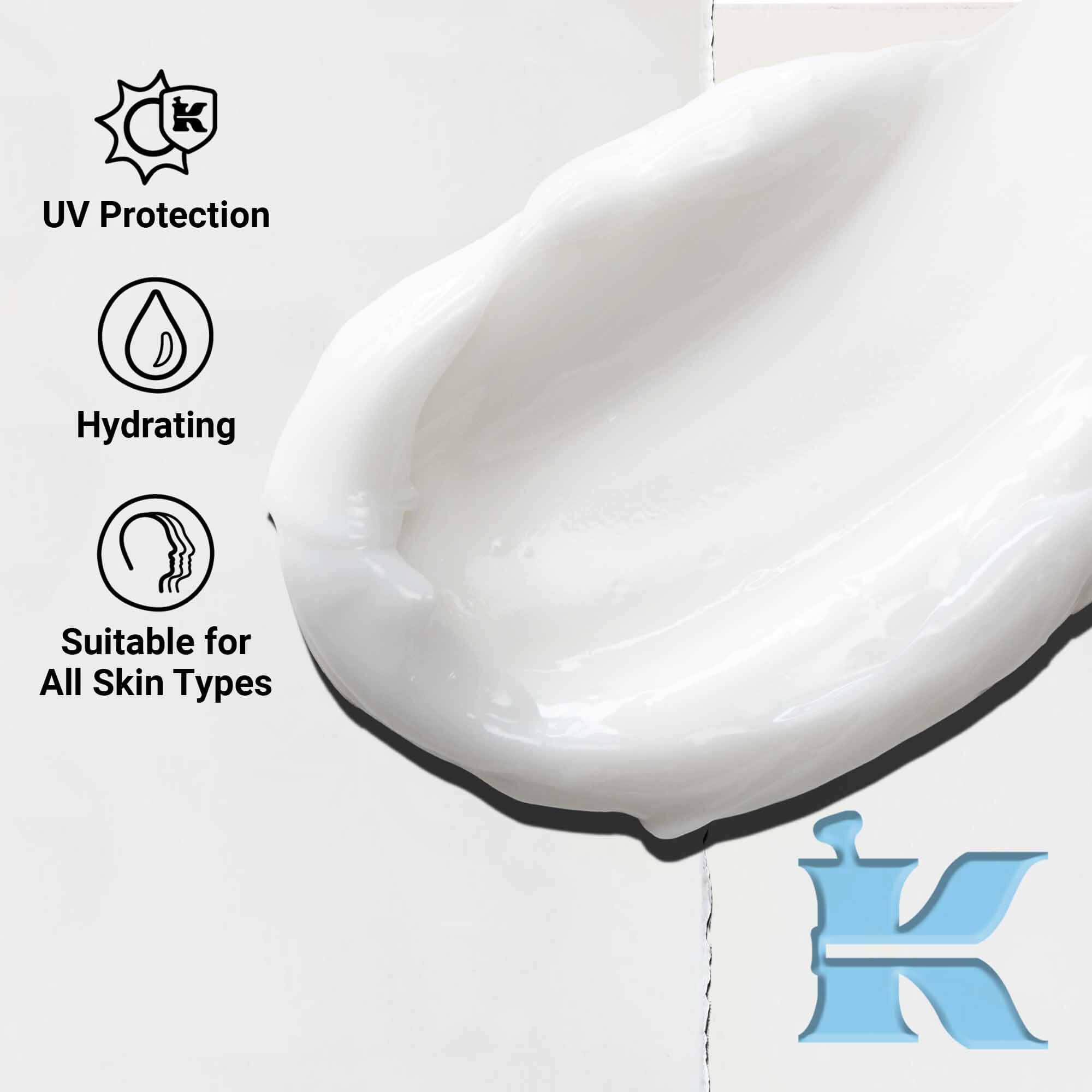 Primo piano della texture di Ultra Facial Cream SPF 30 che mostra una formula leggera e cremosa. Il testo evidenzia la protezione UV e i benefici dell'idratazione.