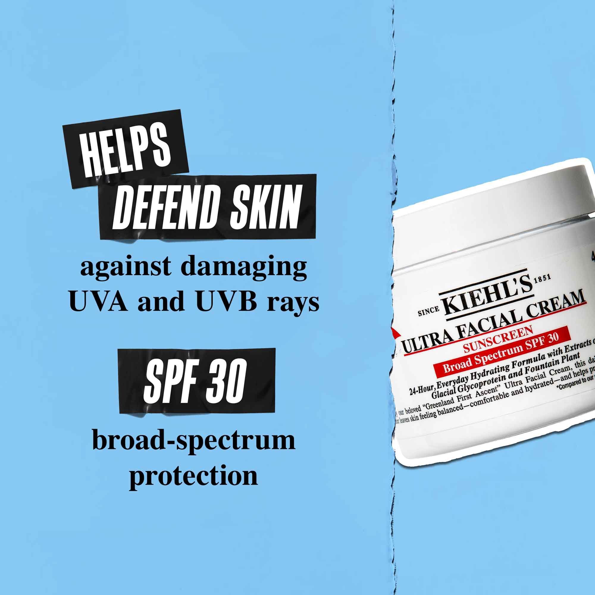 Un vasetto di Ultra Facial Cream SPF 30 su sfondo blu con testo che recita: "Aiuta a difendere la pelle dai dannosi raggi UVA e UVB. Protezione SPF 30 ad ampio spettro."
