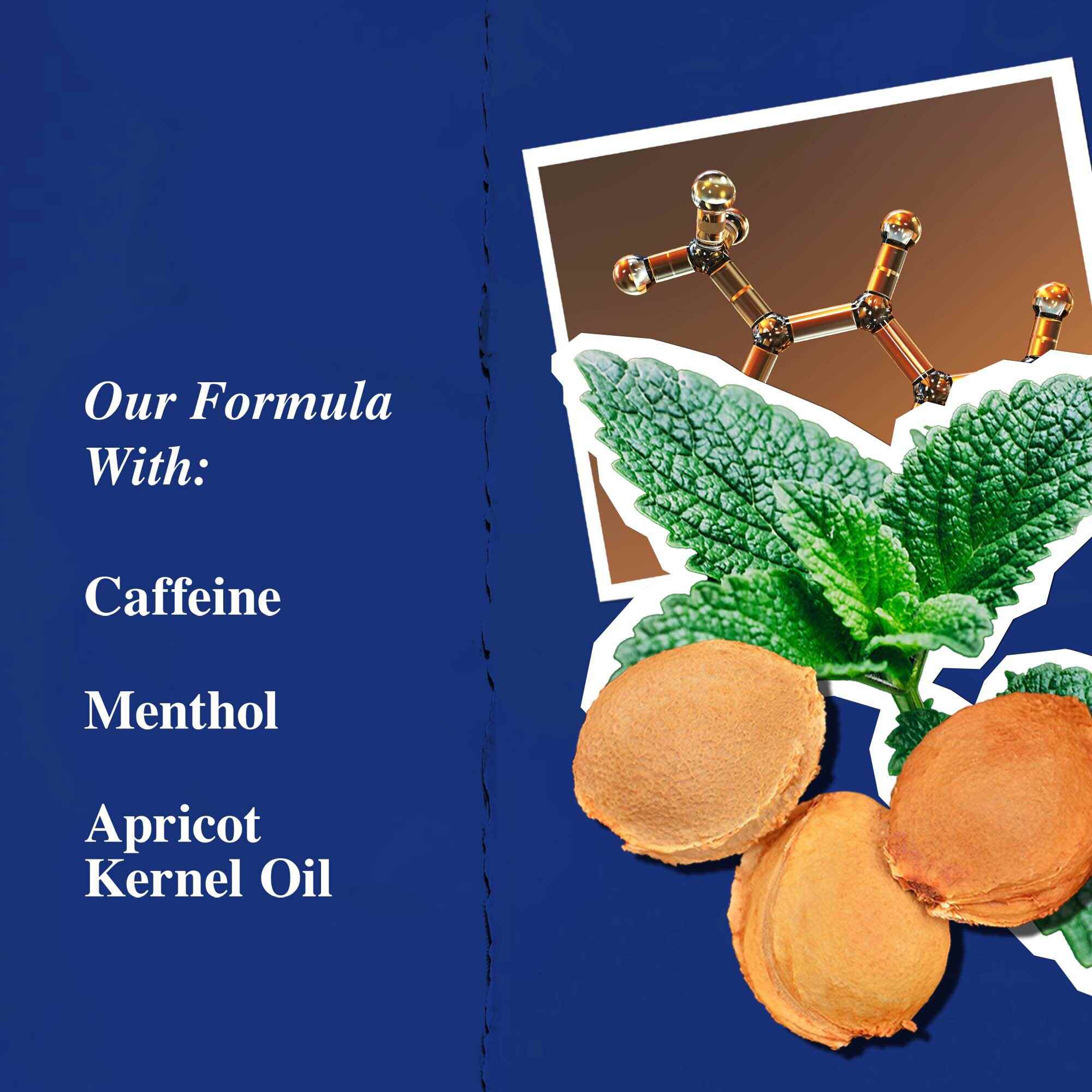 Grafica degli ingredienti chiave che evidenzia caffeina, mentolo e olio di nocciolo di albicocca.