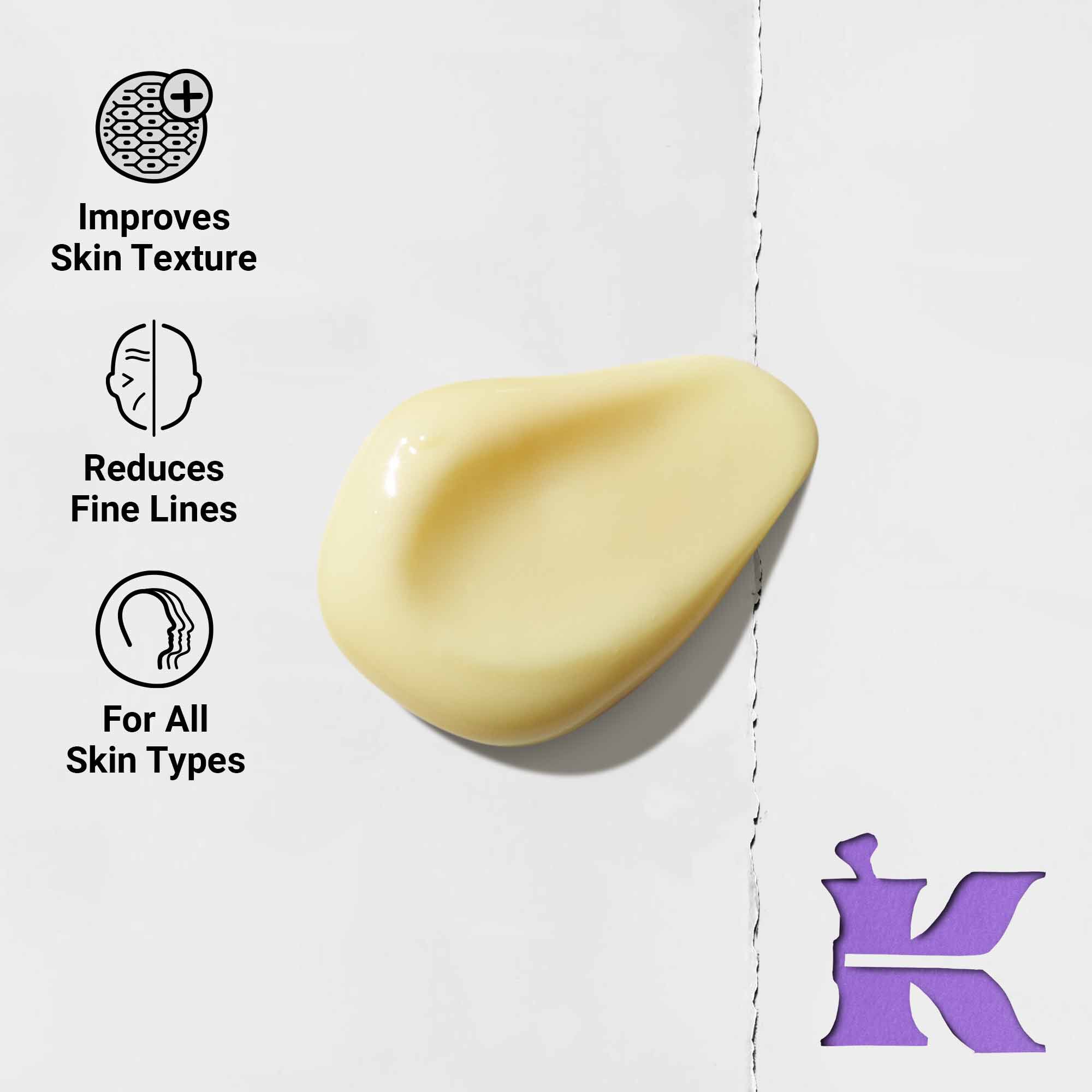 Foto della texture con icone: riduce le rughe sottili ed e formulato per tutti i tipi di pelle