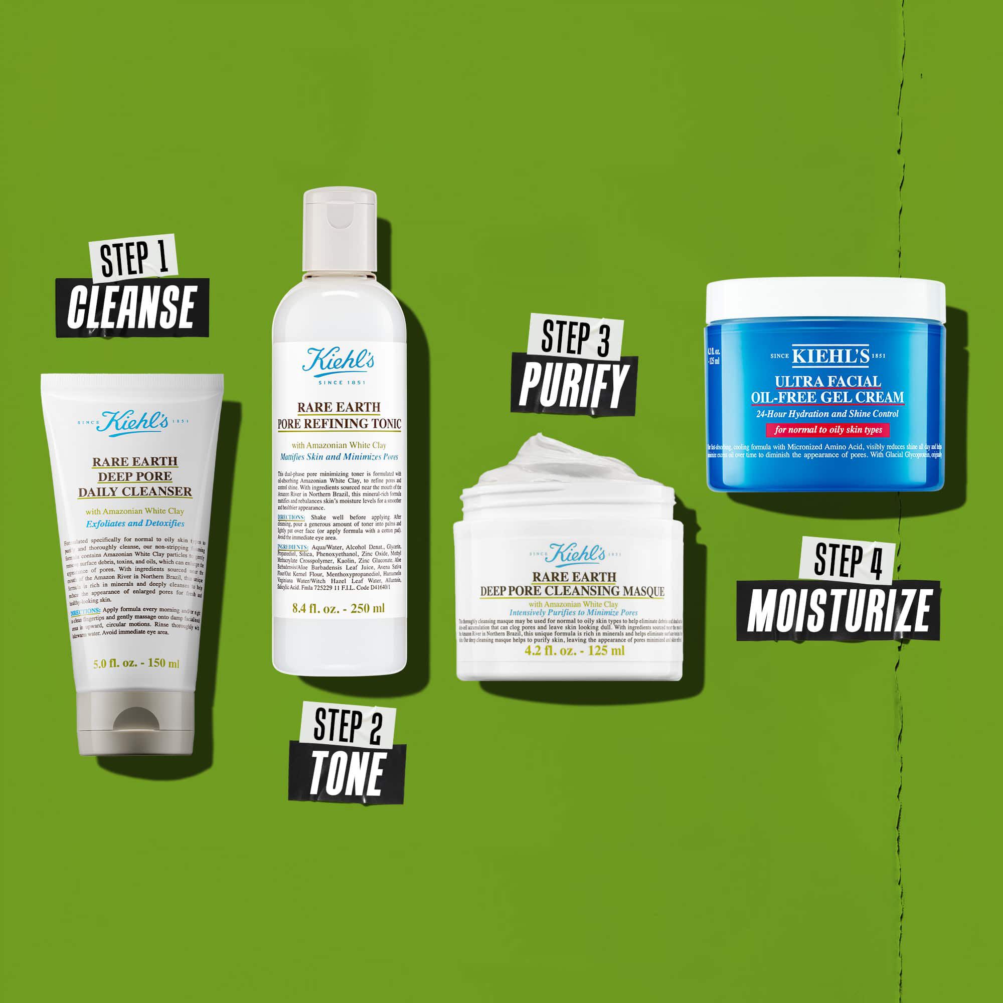 Quattro prodotti Kiehl's che rappresentano una routine di cura della pelle. Da sinistra a destra: Rare Earth Deep Pore Cleanser, Rare Earth Pore Minimizing Lotion, Rare Earth Pore Cleansing Masque e Ultra Facial Oil-Free Gel Cream.