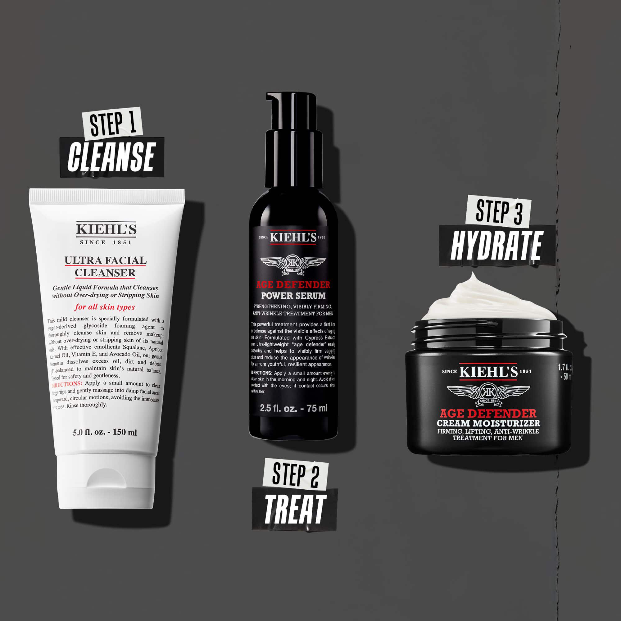 Routine Age Defender in tre fasi: Fase 1: Trattamento occhi. Fase 2: Siero idratante. Fase 3: Crema rigenerante.