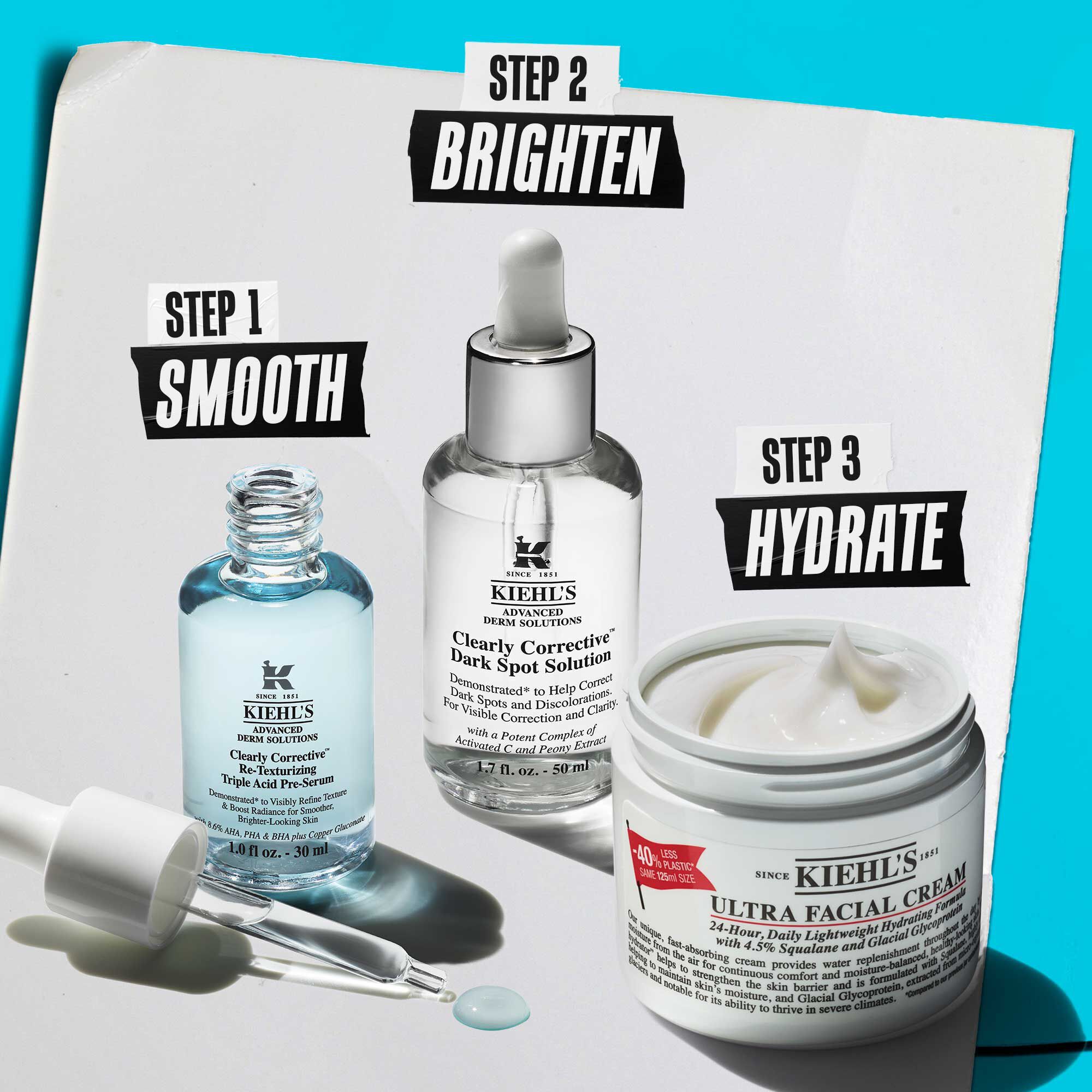 Due prodotti Kiehl's su una superficie bianca con sfondo blu: Clearly Corrective Triple Acid Peel e Retinol Skin-Renewing Daily Micro-Dose Serum.