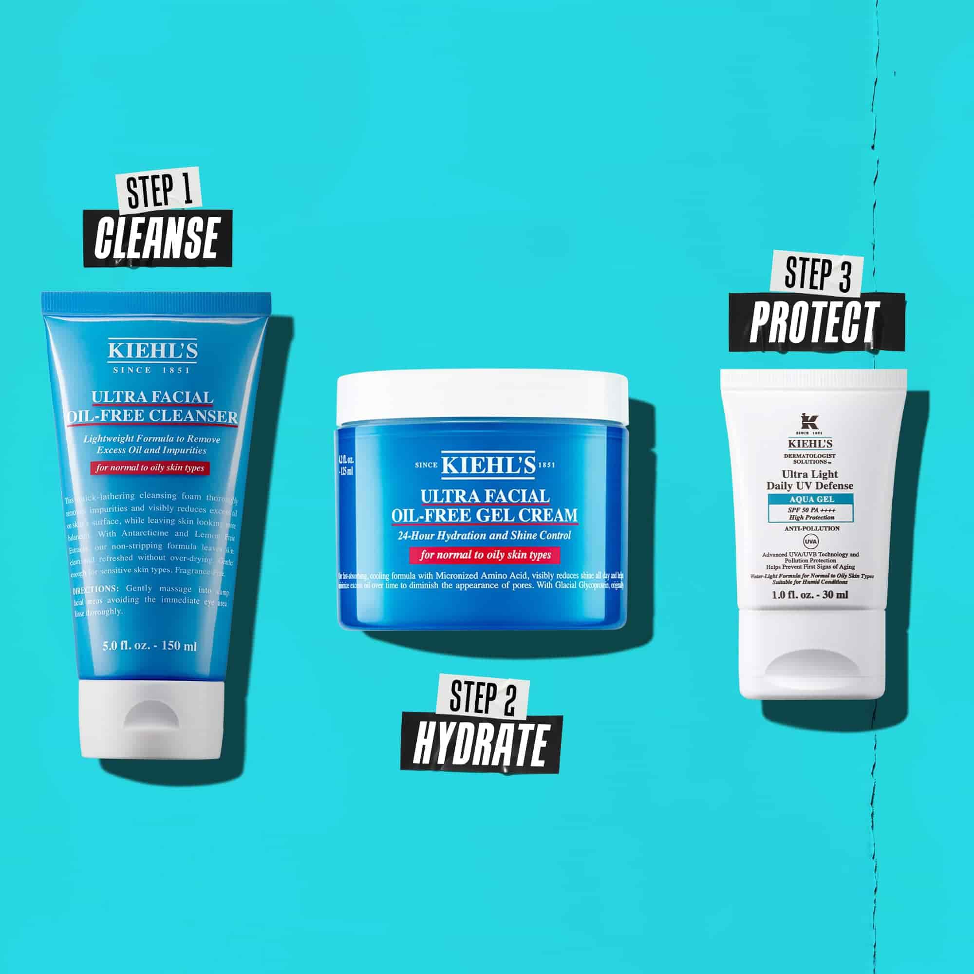 Una routine in tre fasi con prodotti Kiehl's. Fase 1: Ultra Facial Oil-Free Cleanser. Fase 2: Ultra Facial Oil-Free Gel Cream. Fase 3: Ultra Light Daily UV Defense Aqua Gel.