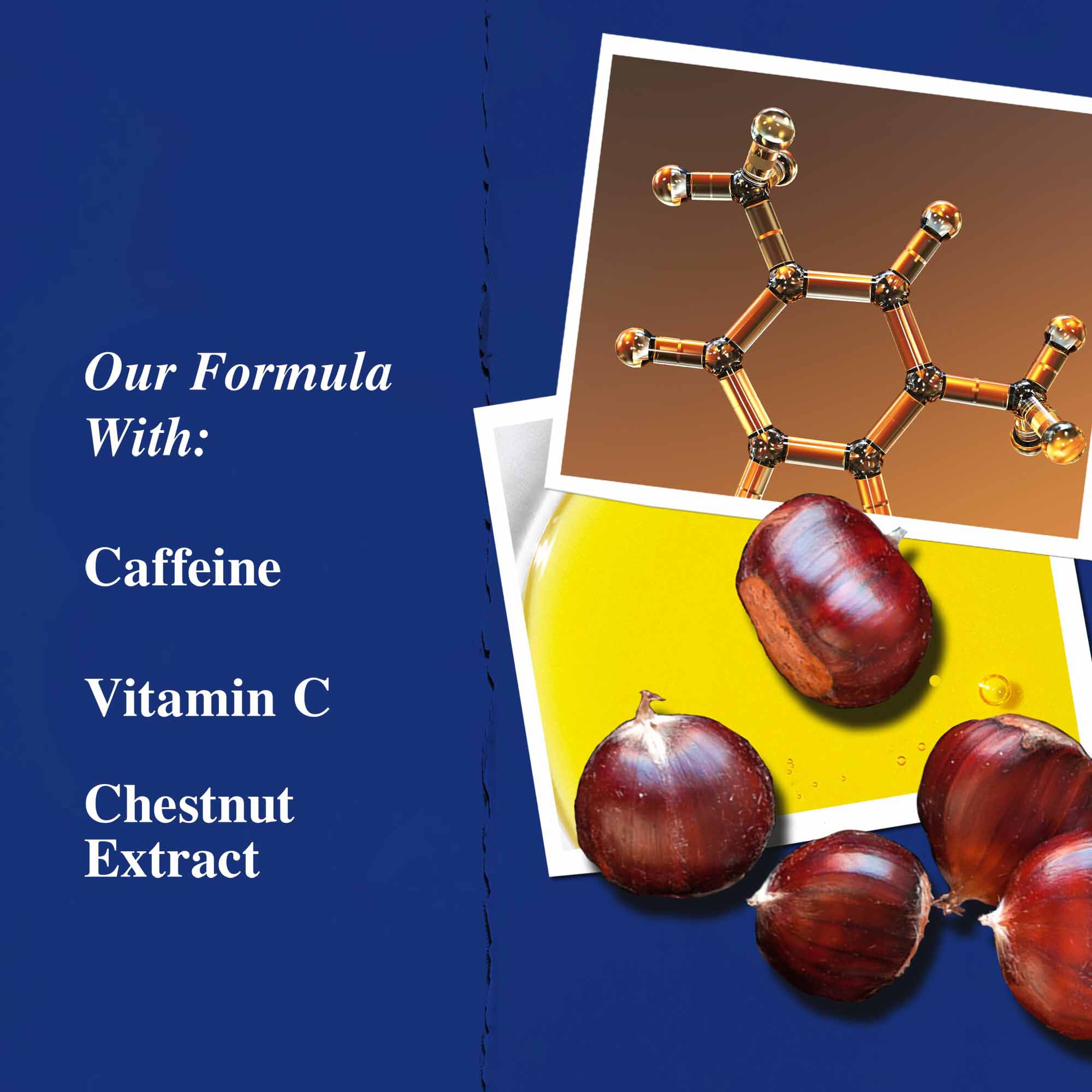 Grafica degli ingredienti chiave che evidenzia caffeina, vitamina C ed estratto di castagna.