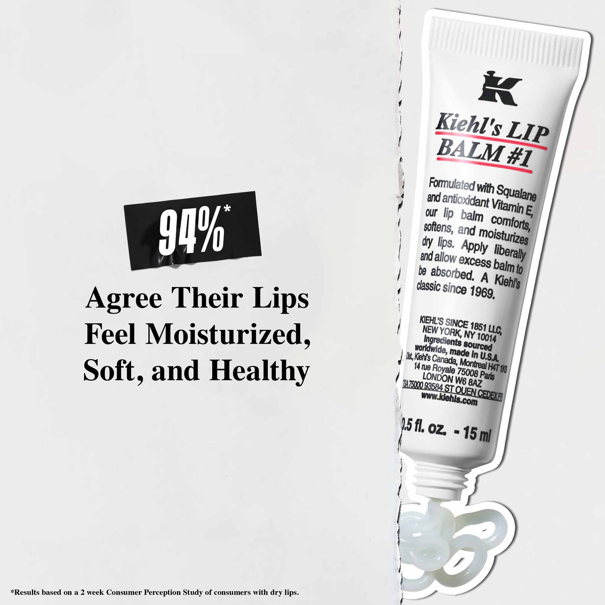 Un tubetto di Lip Balm #1 su sfondo bianco con testo che recita: "Il 94% concorda che le labbra appaiono idratate, morbide e sane."