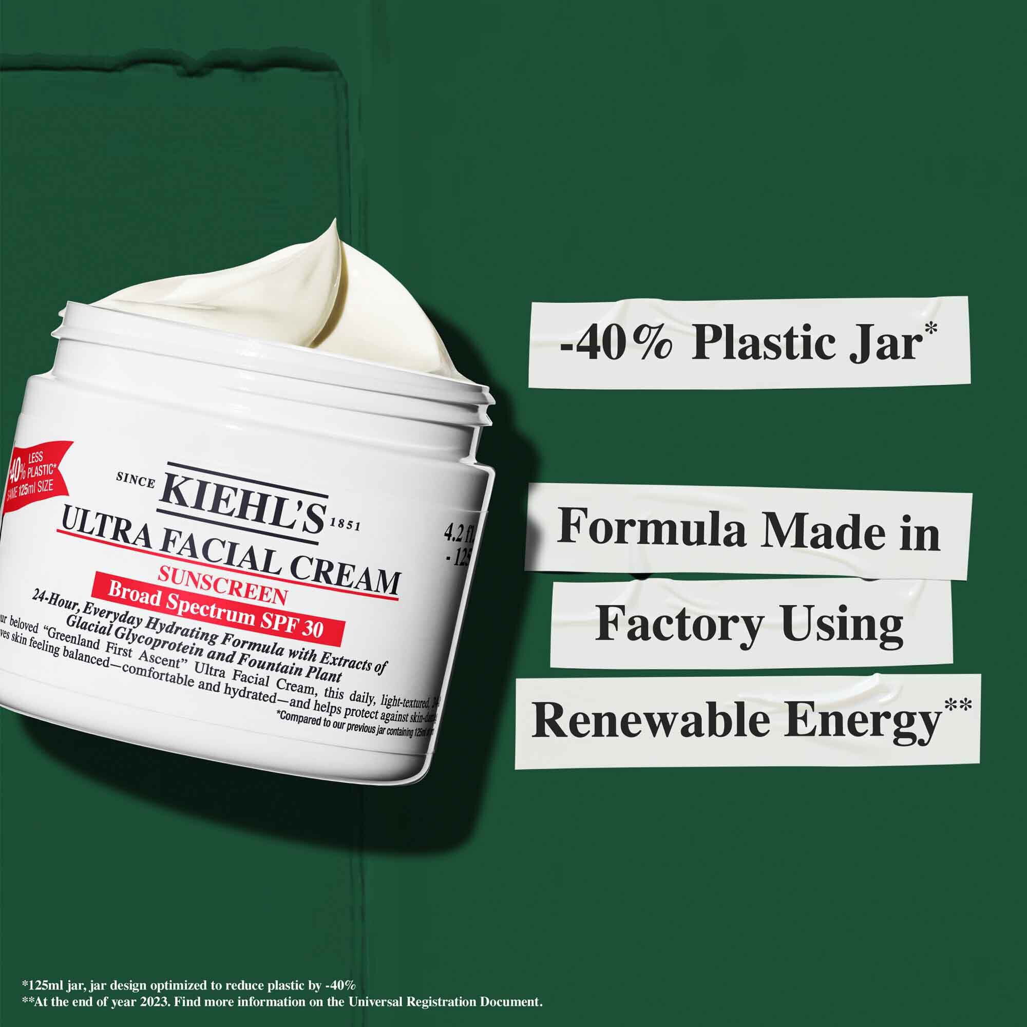 Un vasetto di Ultra Facial Cream SPF 30 con testo che evidenzia le dichiarazioni di sostenibilita: "-40% vasetto di plastica" e "Formula prodotta in uno stabilimento che utilizza energia rinnovabile."