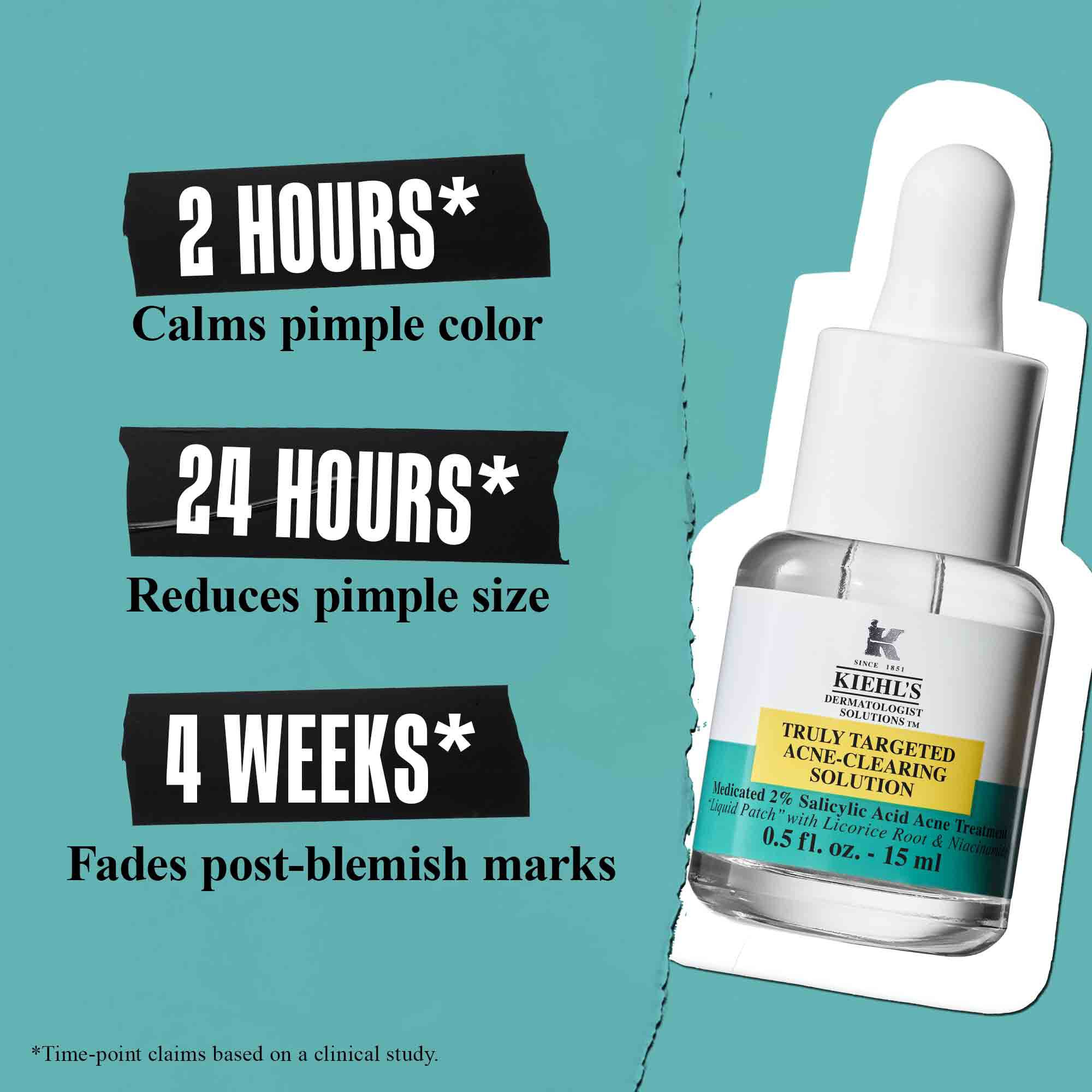 Un flacone di Truly-Targeted Blemish-Clearing Solution su sfondo verde con testo: "2 Ore* Calma il colore del brufolo", "24 Ore* Riduce la dimensione del brufolo" e "4 Settimane* Attenua i segni post-imperfezioni".