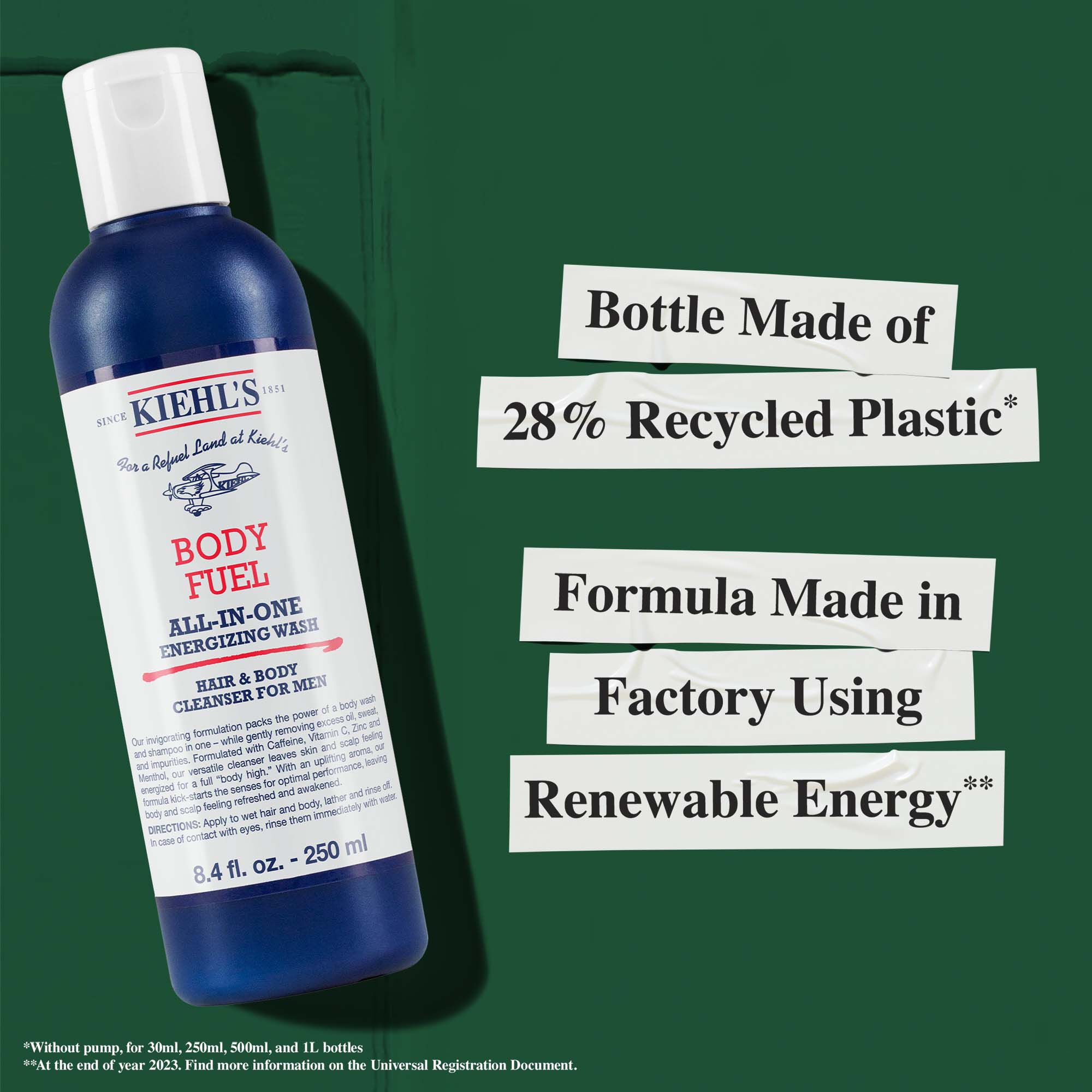 Flacone di Body Fuel realizzato con il 28% di plastica riciclata; formula prodotta in uno stabilimento che utilizza energia rinnovabile.