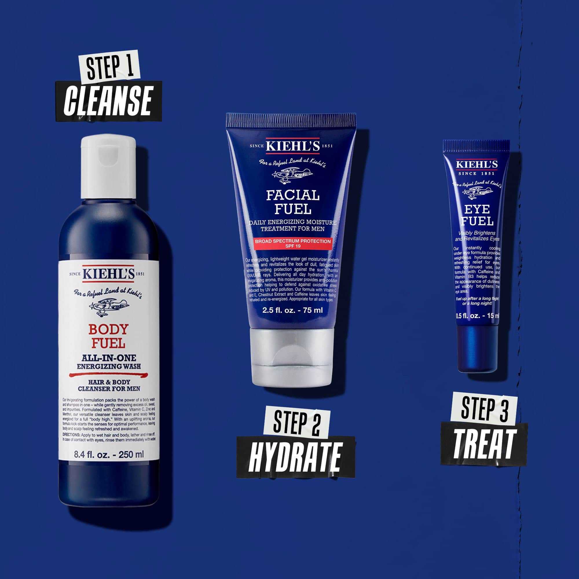 Routine Body Fuel in tre fasi: Fase 1: Detergere. Fase 2: Idratare con Facial Fuel Treatment. Fase 3: Crema occhi Facial Fuel Eye Fuel.