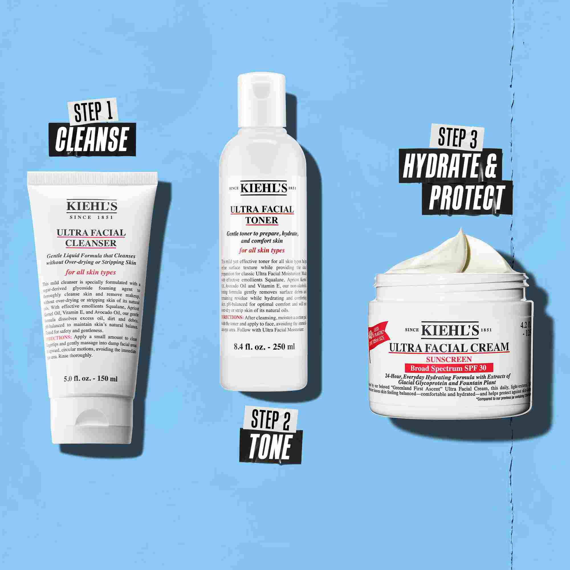 Una routine in tre fasi con prodotti Kiehl's. Fase 1: Ultra Facial Cleanser. Fase 2: Ultra Facial Toner. Fase 3: Ultra Facial Cream SPF 30.