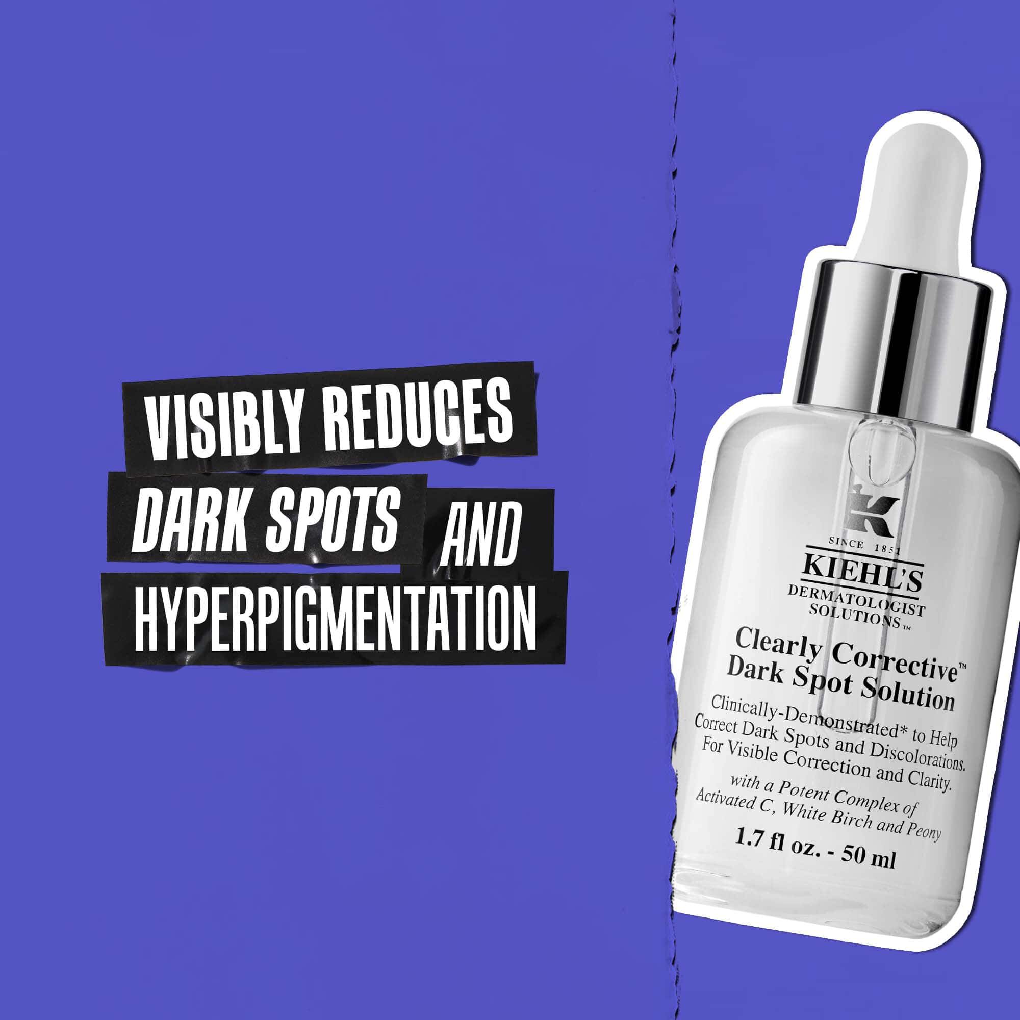 Flacone di Clearly Corrective Dark Spot Solution con testo: Riduce visibilmente le macchie scure e l'iperpigmentazione.