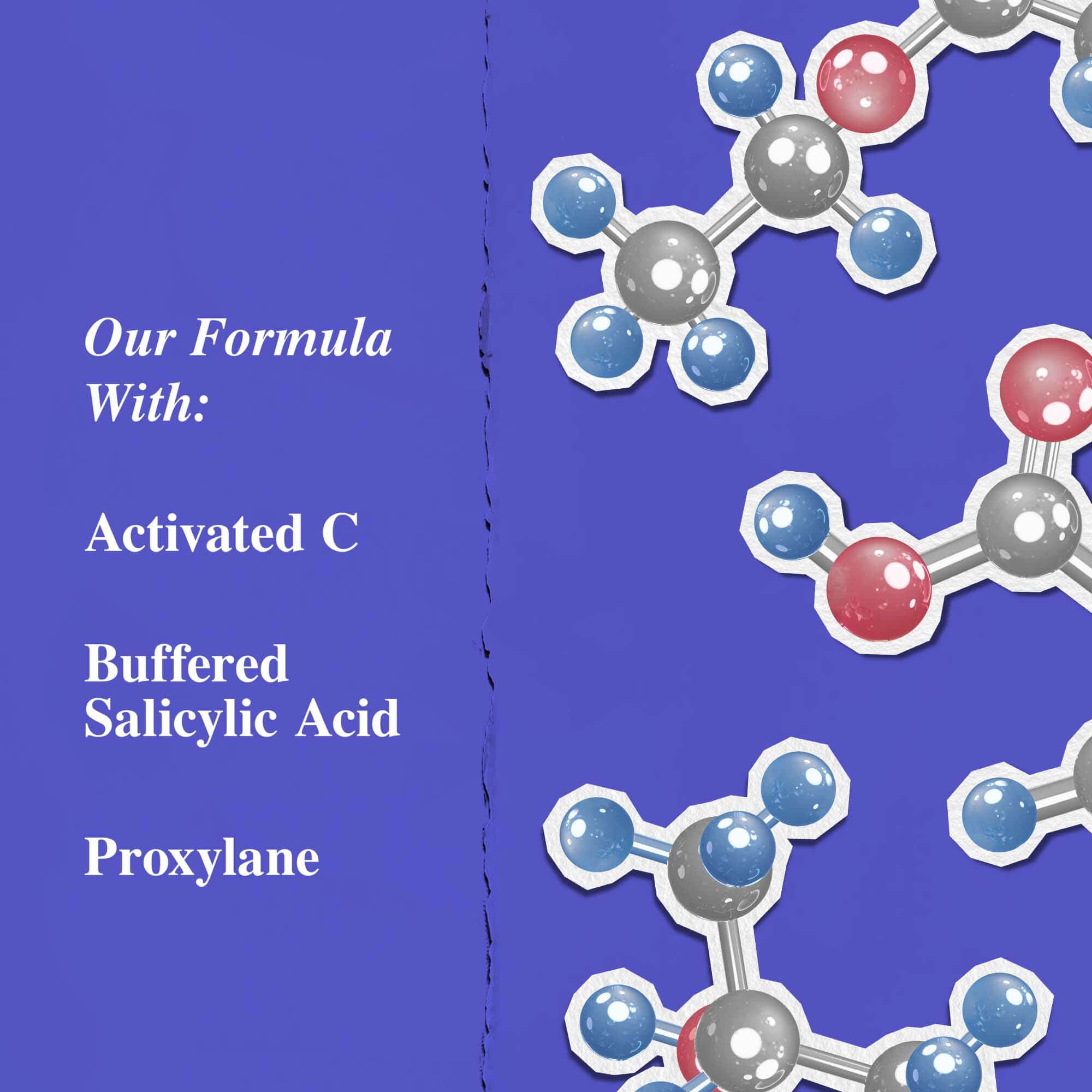 Grafica che mostra gli ingredienti chiave: C attivata, acido salicilico tamponato e Proxylane.