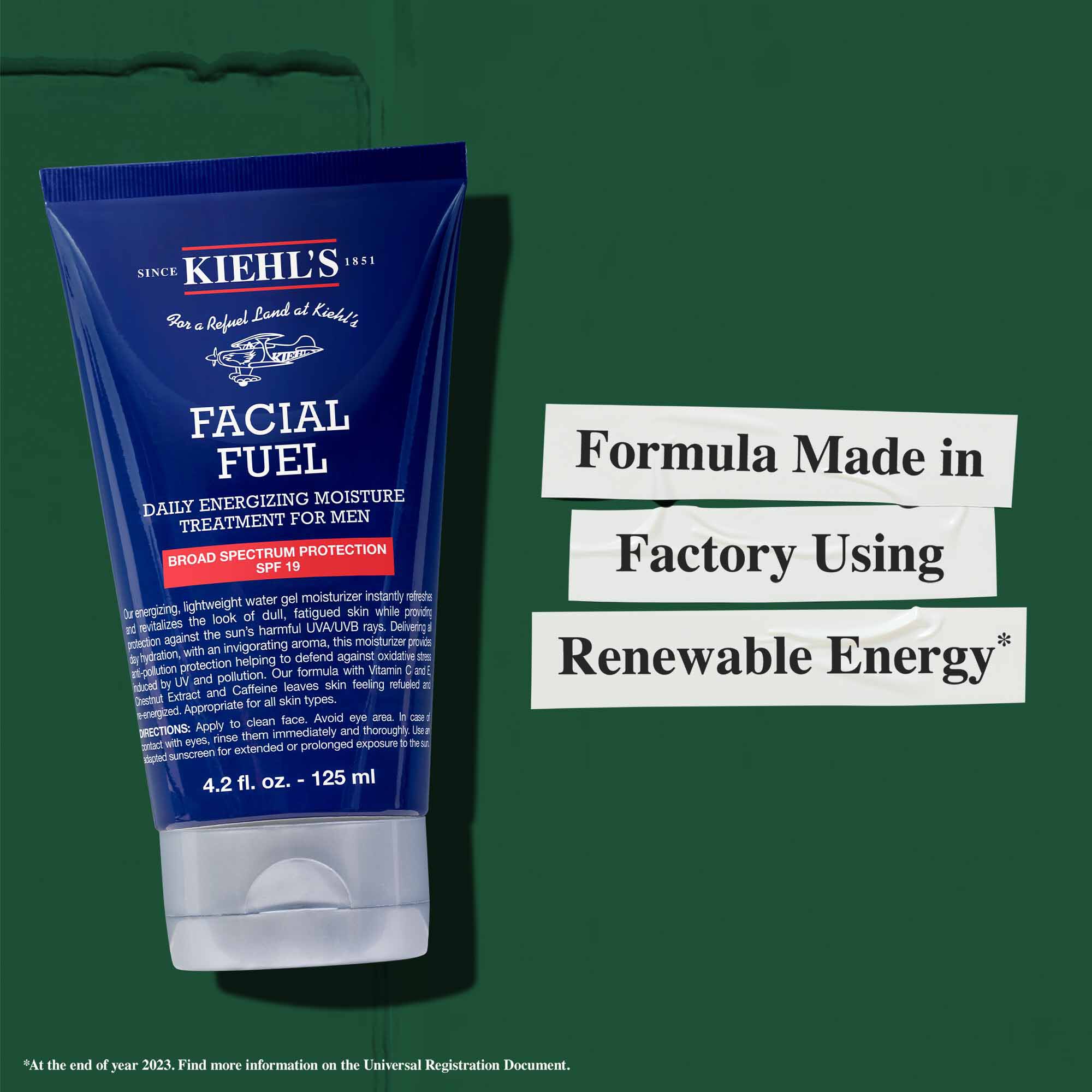 Un tubetto di Facial Fuel Moisturizer SPF 19; formula prodotta in uno stabilimento che utilizza energia rinnovabile.