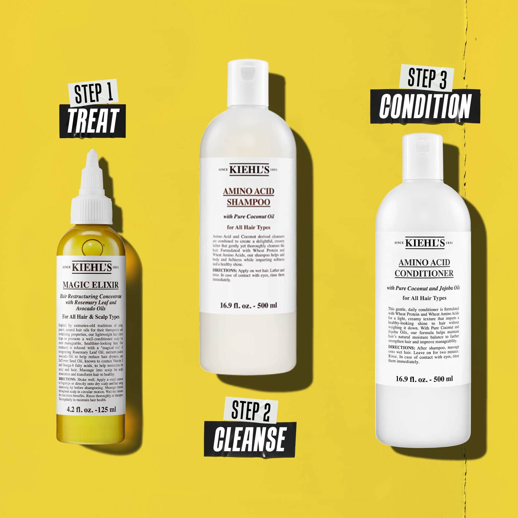 Una routine per capelli in tre fasi con prodotti Kiehl's. Fase 1: Magic Elixir Hair Oil. Fase 2: Amino Acid Shampoo. Fase 3: Amino Acid Conditioner. Il testo etichetta ogni fase rispettivamente come "Trattare", "Detergere" e "Condizionare".