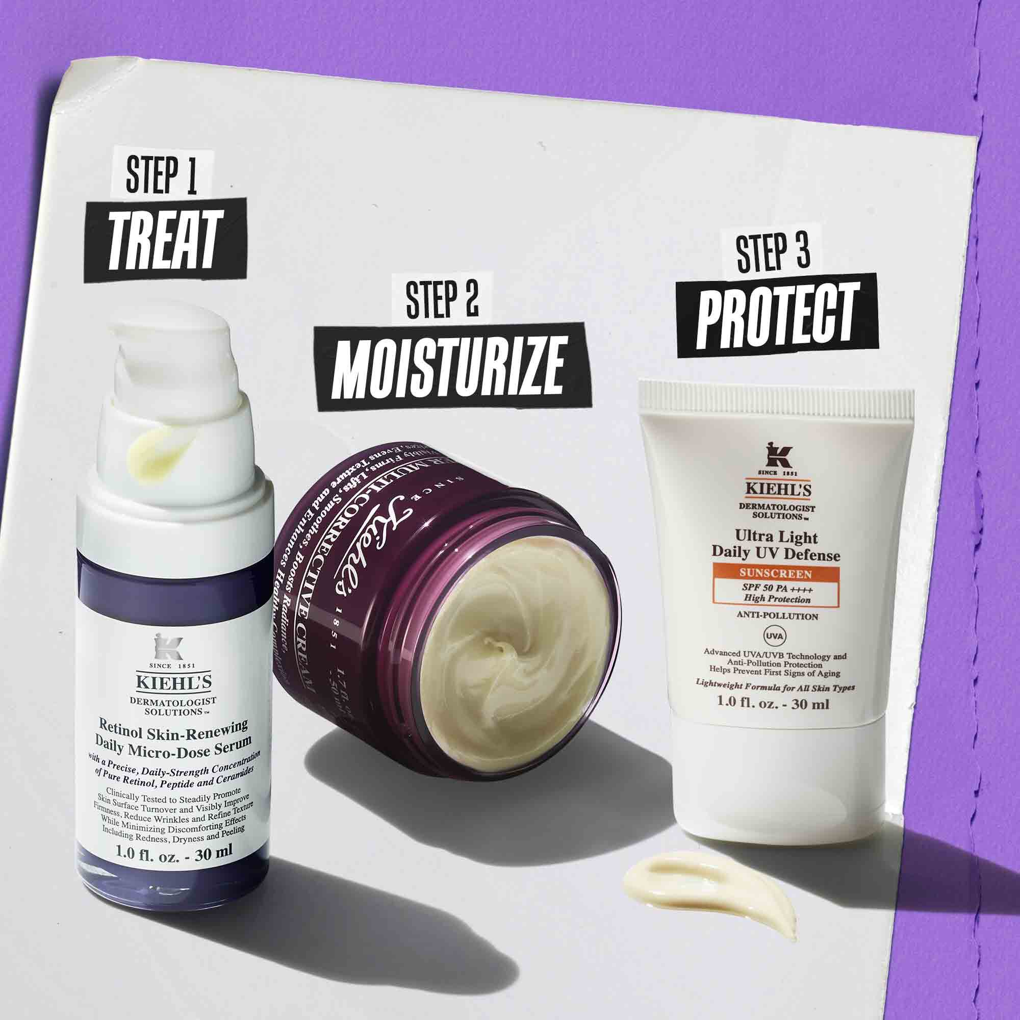 Illustrazione della routine Retinol Skin-Renewing Daily Micro-Dose Serum: Detergere, Trattare, Trattare gli occhi, Proteggere