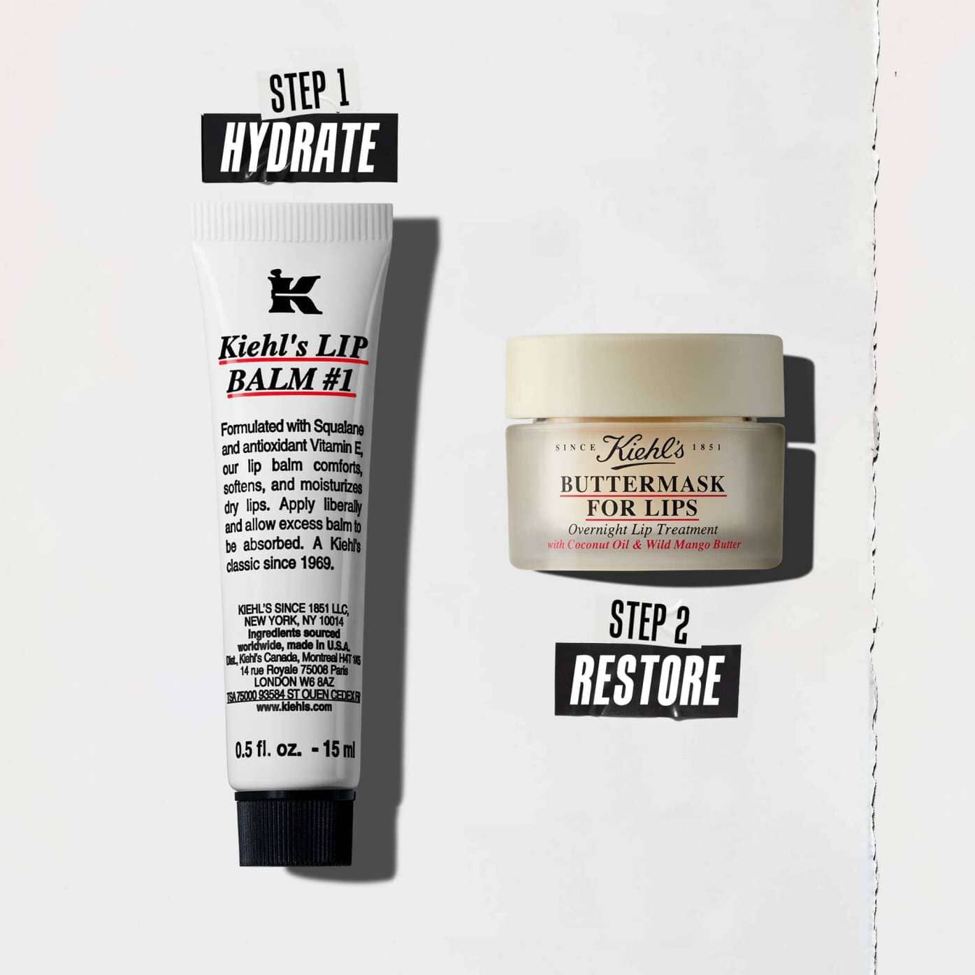 Una routine in due passaggi con Lip Balm #1 per l'idratazione e Butter Mask per il ripristino.