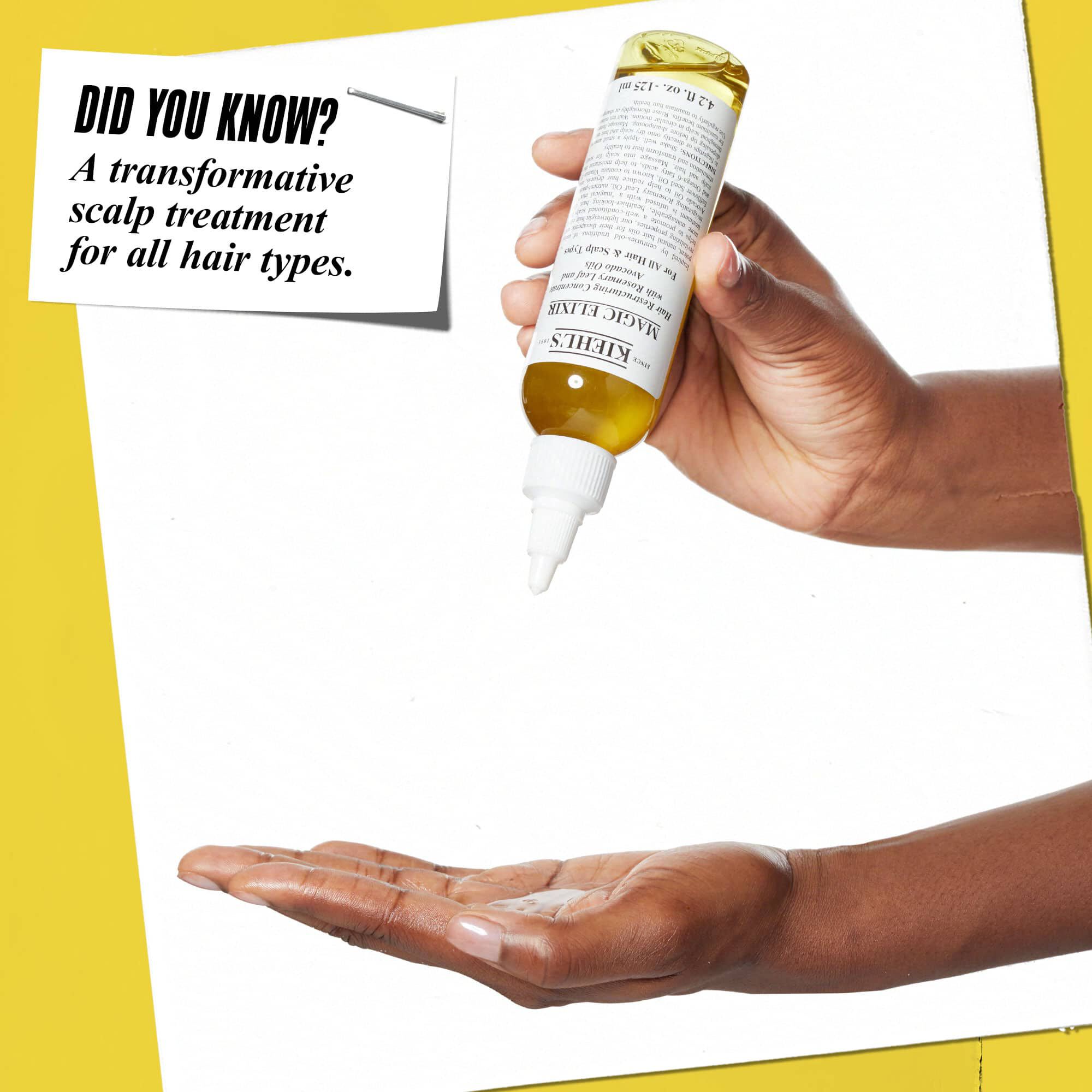 Una mano che eroga Magic Elixir Hair Oil su un'altra mano. Il testo recita: "Lo sapevi? Un trattamento trasformativo per il cuoio capelluto per tutti i tipi di capelli."