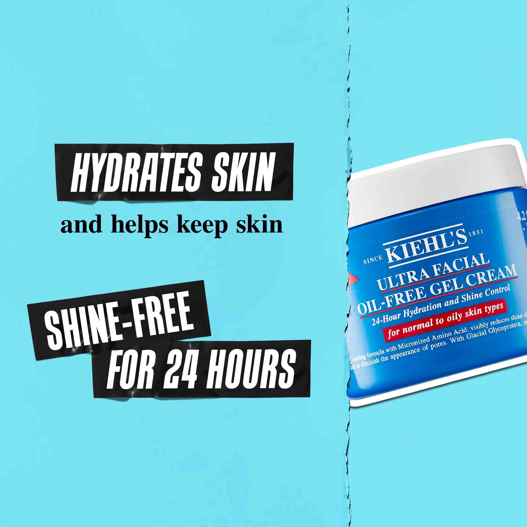 Un vasetto di Ultra Facial Oil-Free Gel Cream su sfondo blu con testo che recita: "Idrata la pelle e aiuta a mantenerla senza lucidita per 24 ore."
