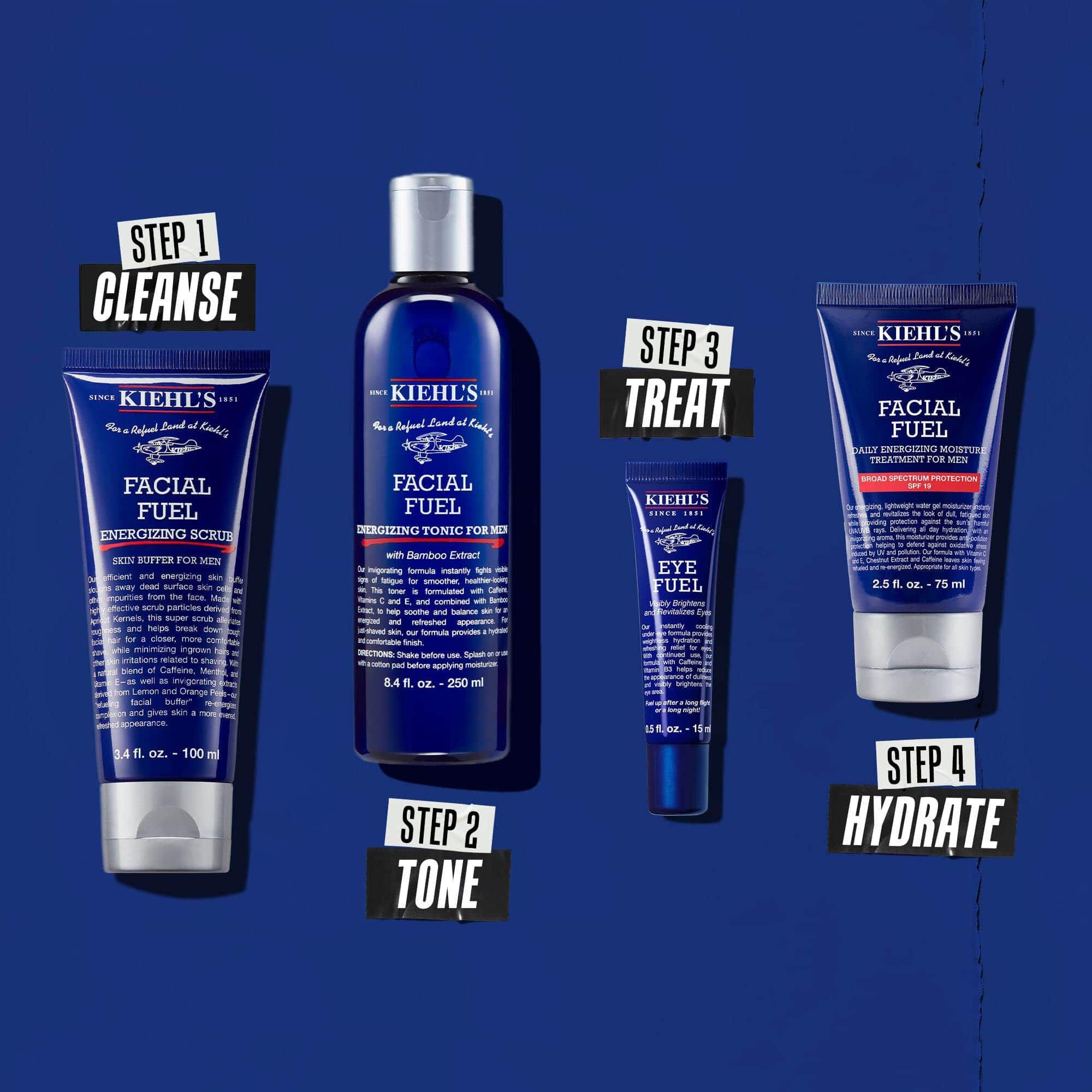 Routine a quattro prodotti per detergere, tonificare, trattare e idratare.