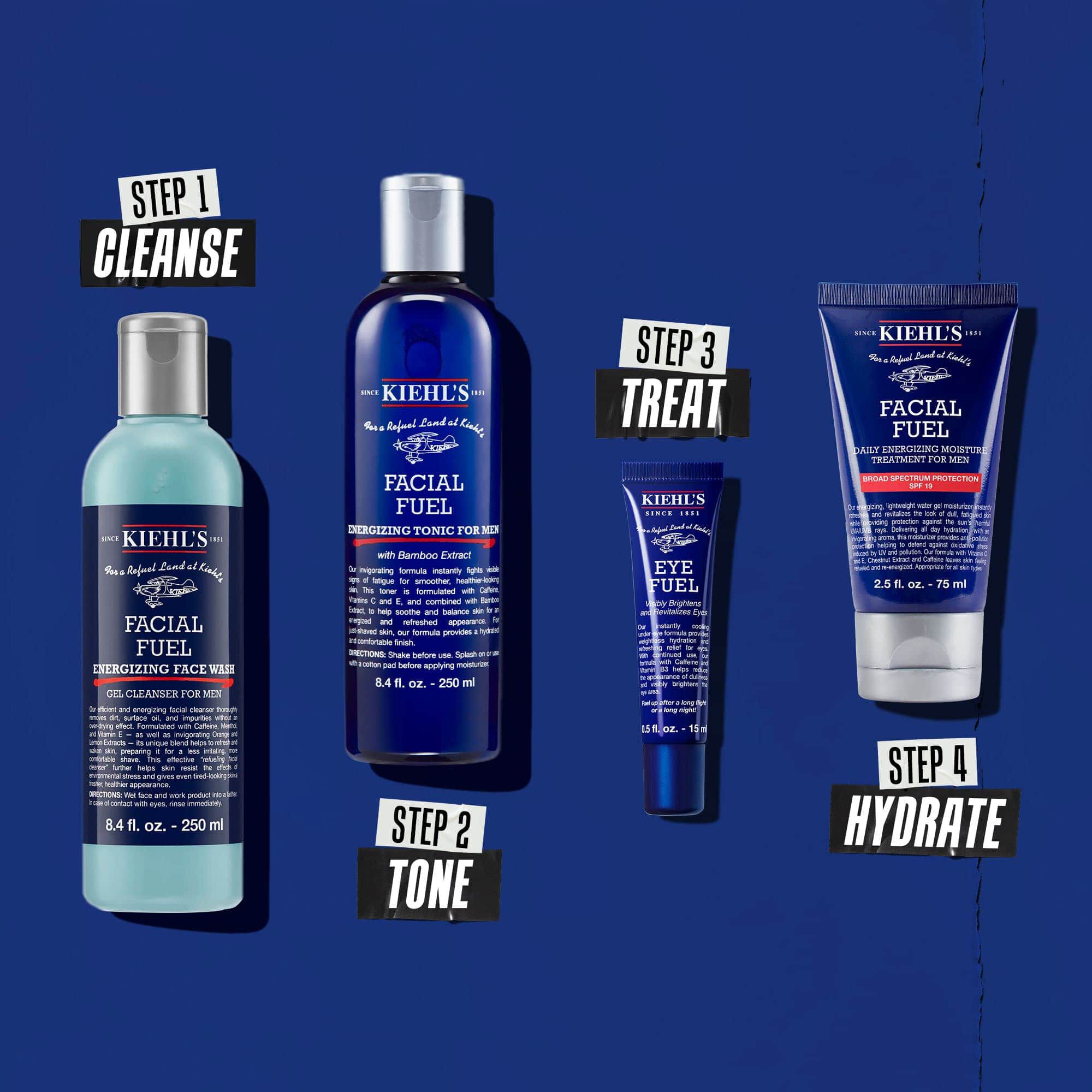 Routine in quattro fasi: Fase 1: Detergente viso. Fase 2: Tonico. Fase 3: Trattamento occhi. Fase 4: Idratante Facial Fuel.