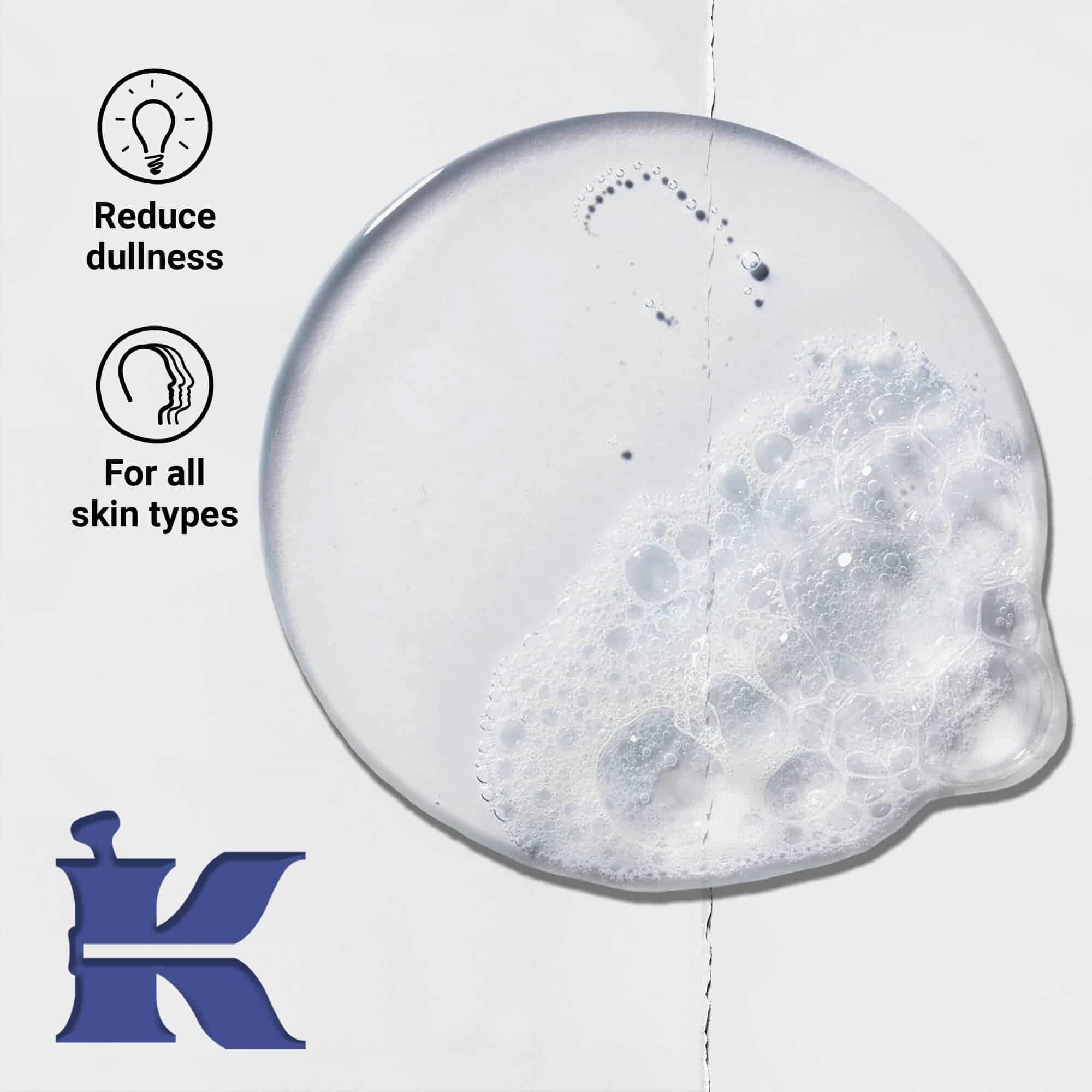 Foto della texture di Facial Fuel con icone che indicano che riduce il colorito spento ed e per tutti i tipi di pelle