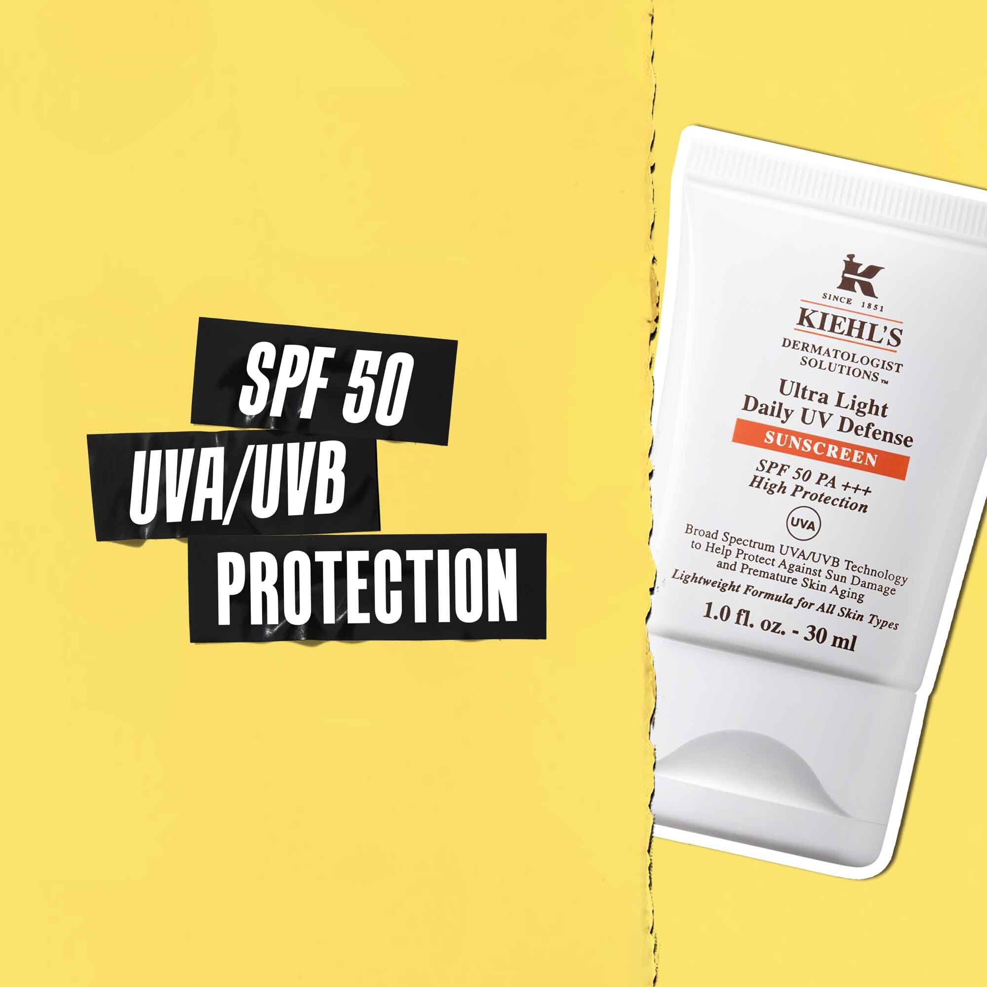 Callout Protezione SPF 50 UVA/UVB su nastro nero con un'immagine del tubetto Ultra-Light Daily UV Defense accanto.