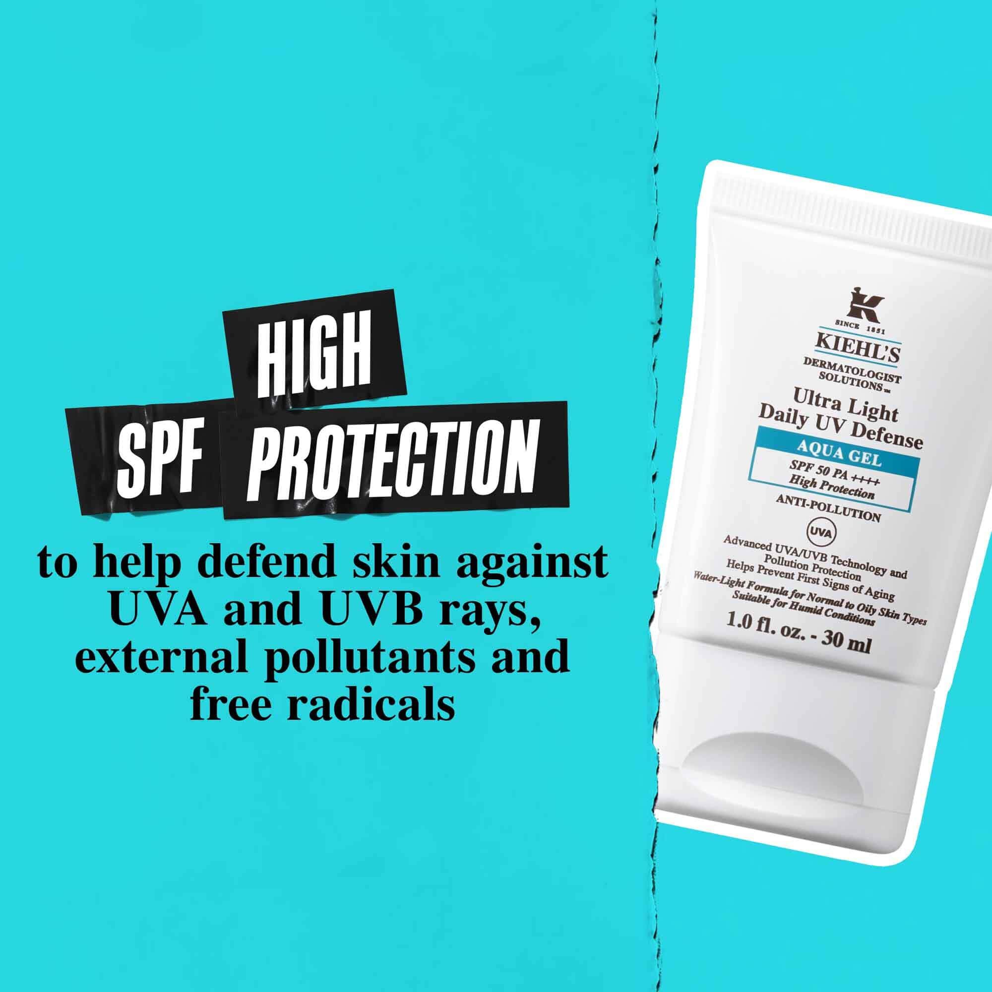 Un tubetto di Ultra Light Daily UV Defense Aqua Gel su sfondo blu con testo che recita: "Alta protezione SPF per aiutare a difendere la pelle dai raggi UVA e UVB, inquinanti esterni e radicali liberi."