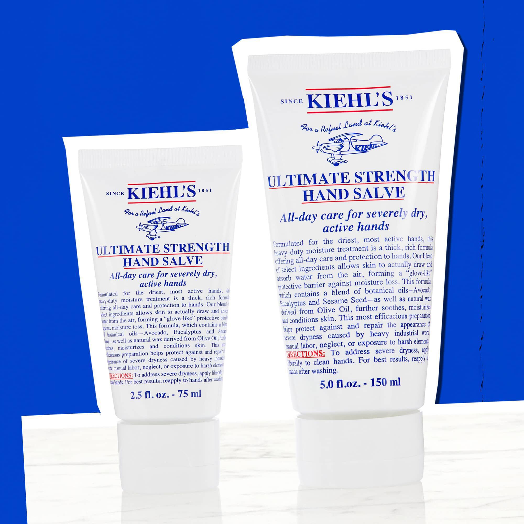 Due tubetti di Kiehl's Ultimate Strength Hand Salve che illustrano i formati disponibili