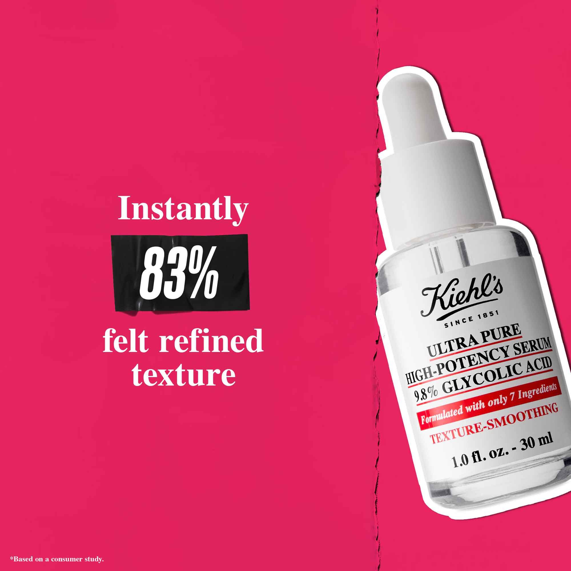 Un flacone di Ultra Pure 9.8% Glycolic Acid Serum su sfondo rosa con testo che recita: "Istantaneamente l'83% ha sentito una texture raffinata."
