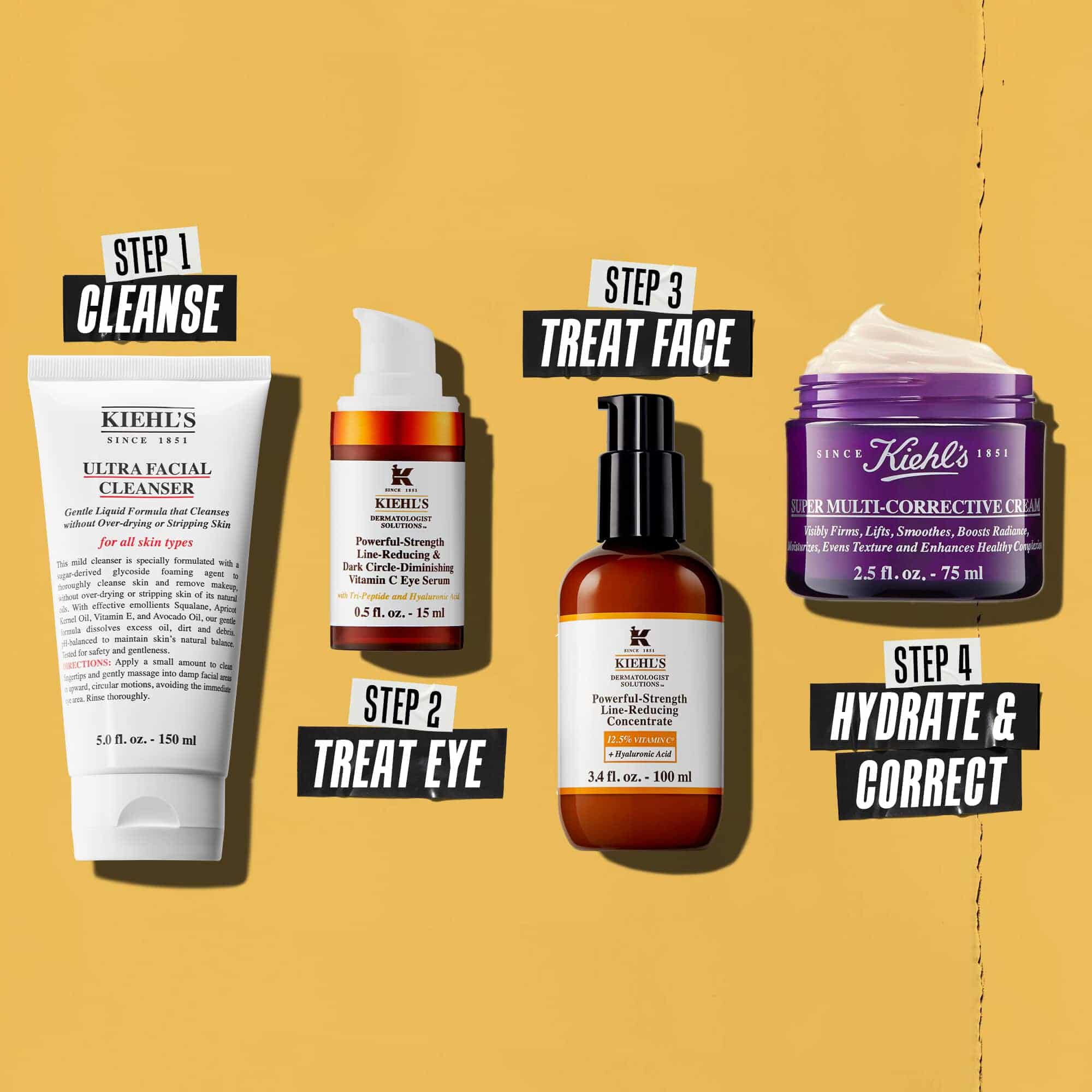 Quattro prodotti Kiehl's che rappresentano una routine di cura della pelle. Da sinistra a destra: detergente, crema contorno occhi, Powerful-Strength Line-Reducing Concentrate e idratante.