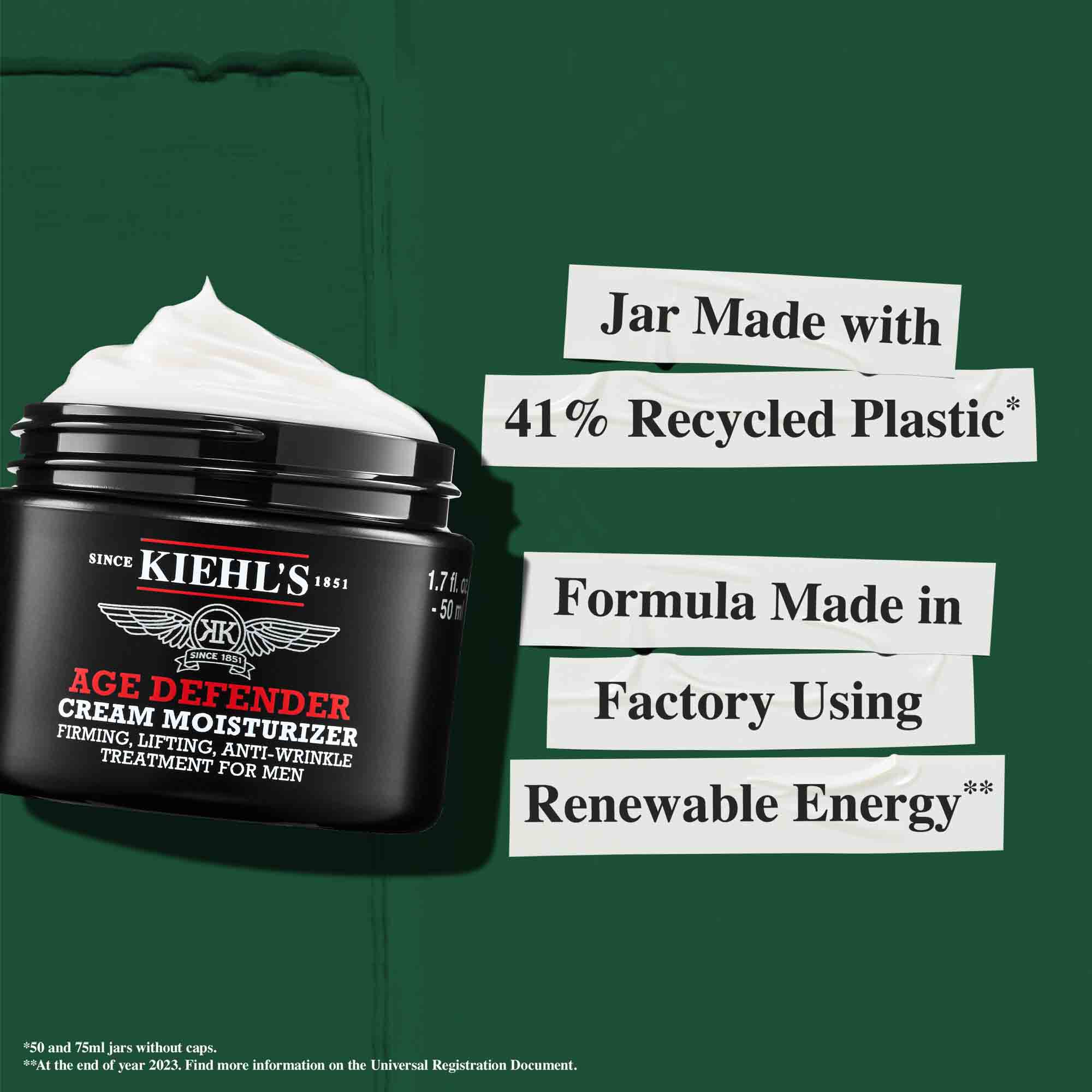 Barattolo di Age Defender realizzato con il 41% di plastica riciclata; formula prodotta in uno stabilimento che utilizza energia rinnovabile.